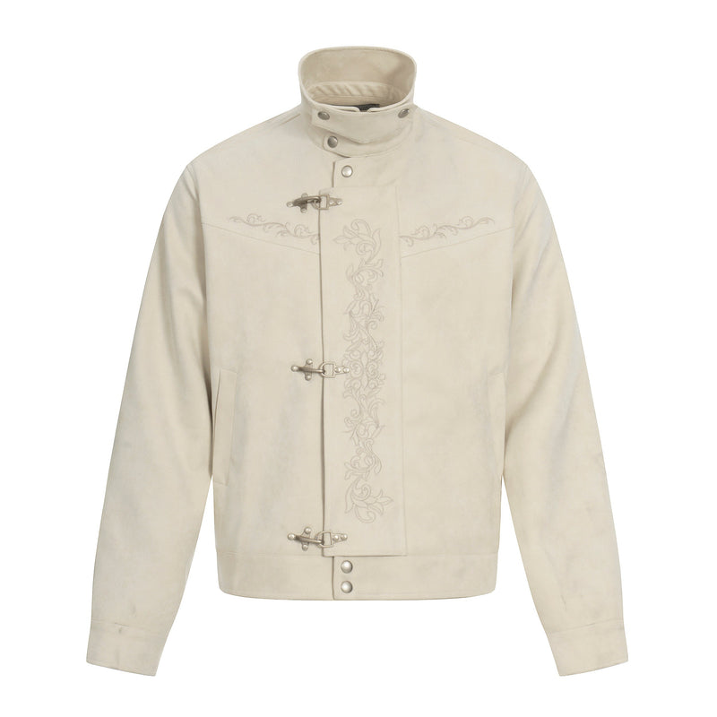 Toggle-Closure Embroidered Stand-Collar Cotton Jacket