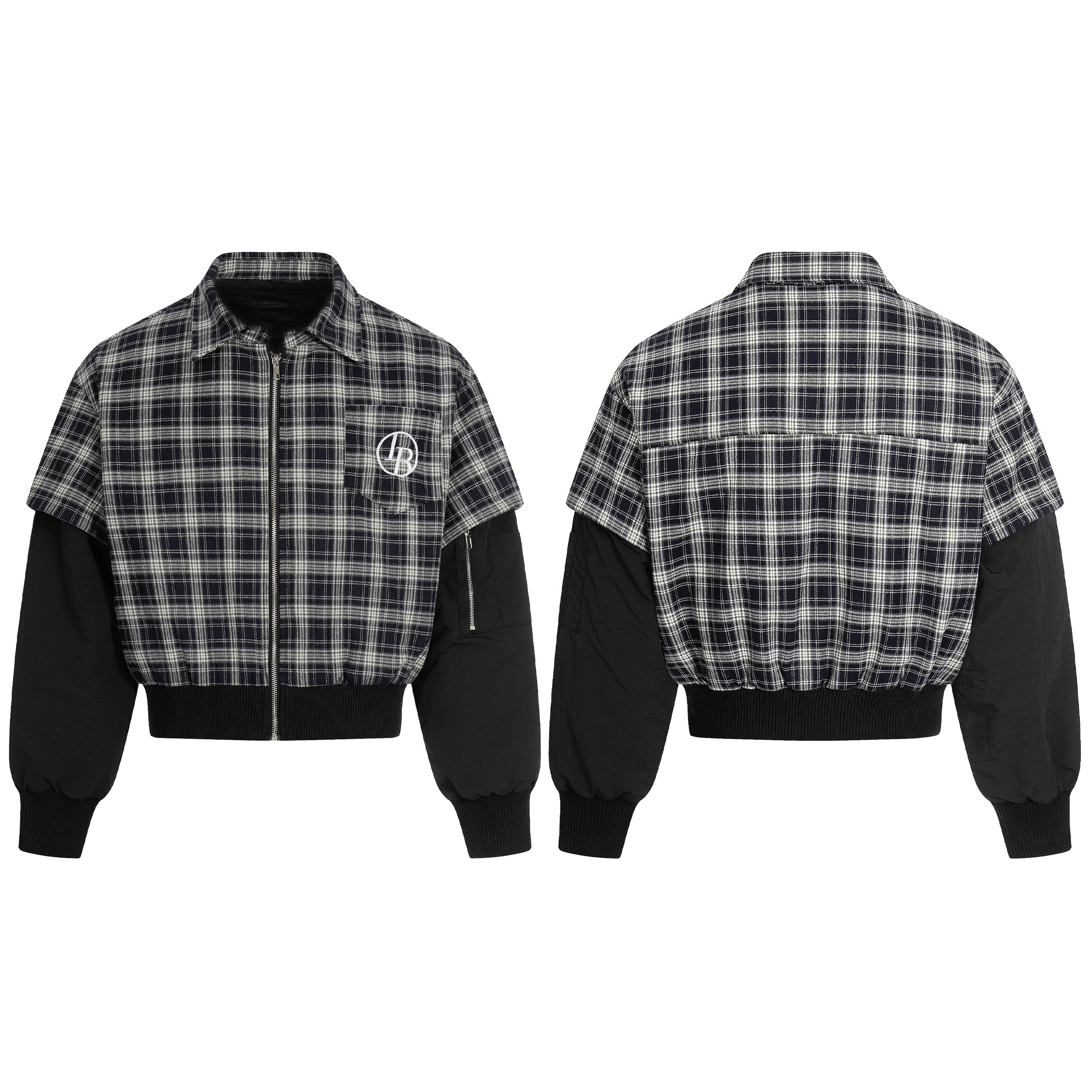 Front and back view of Omirad black and white plaid hybrid bomber jacket with contrast black sleeves and embroidered logo