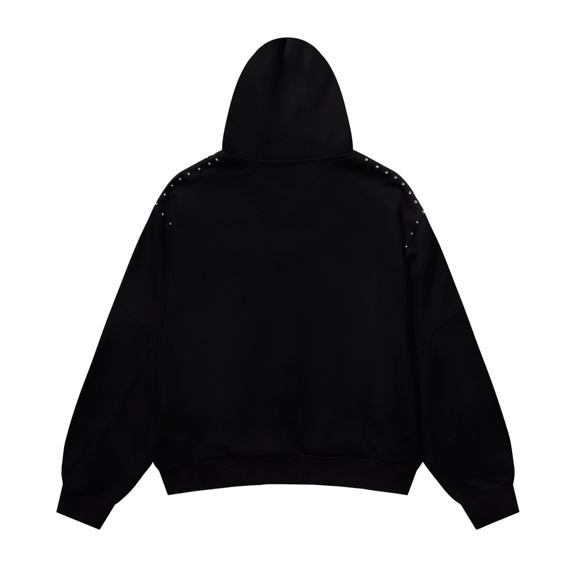 Black zip hoodie back view with studded shoulder seams and plain back panel
