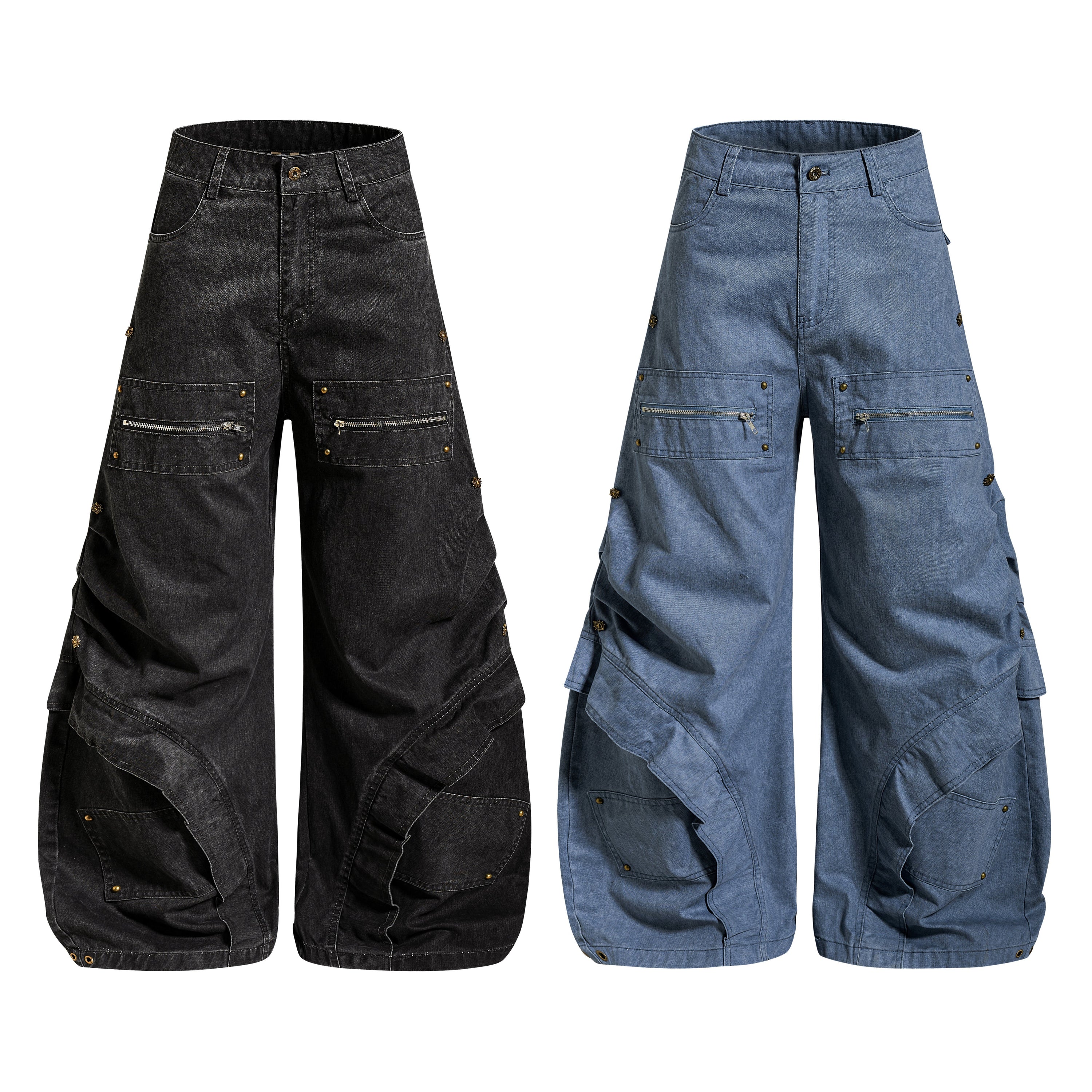 Washed black wide-leg cargo denim pants with multi-zip pockets, rivet accents and layered panel construction, front view