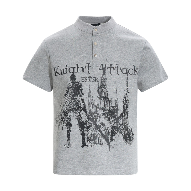 Gray short-sleeve polo tee with medieval knight attack graphic and button placket in streetwear style