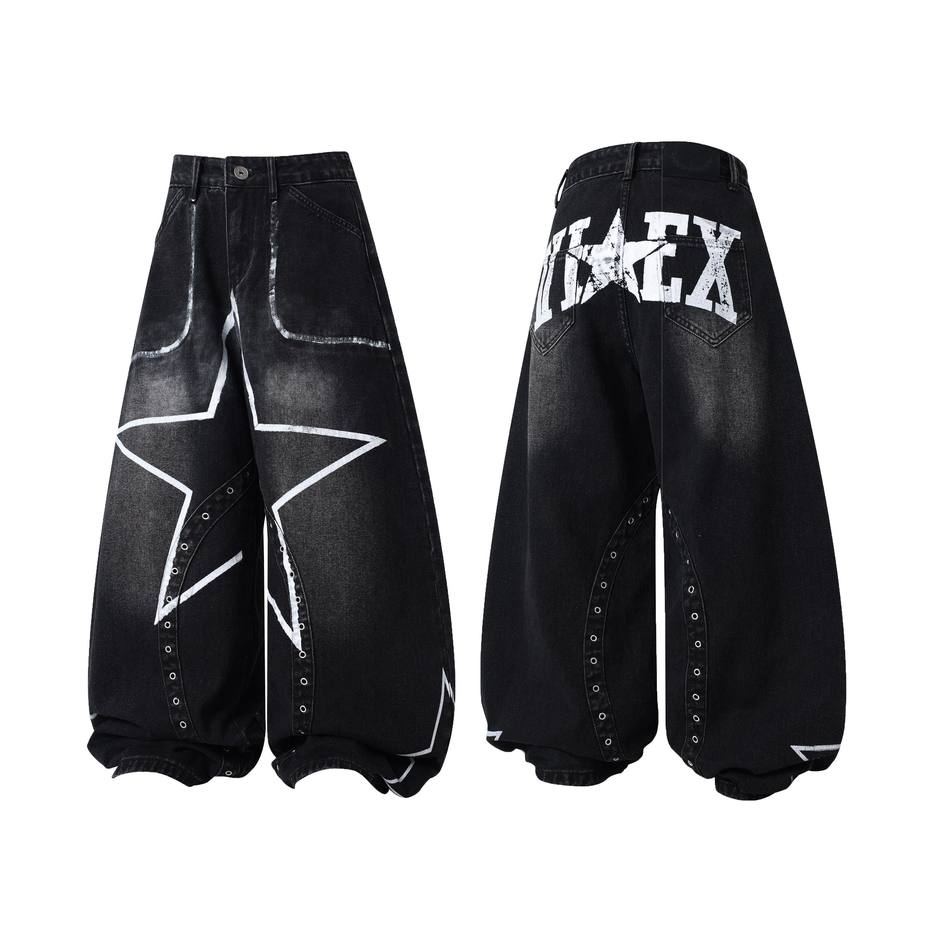Front and back view of black washed baggy wide-leg jeans with oversized white star graphic and metal eyelet panel accents