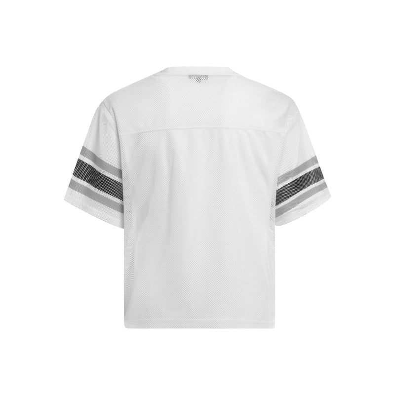 White retro varsity mesh jersey with black and gray sleeve stripes, shown from the back in a boxy collegiate fit