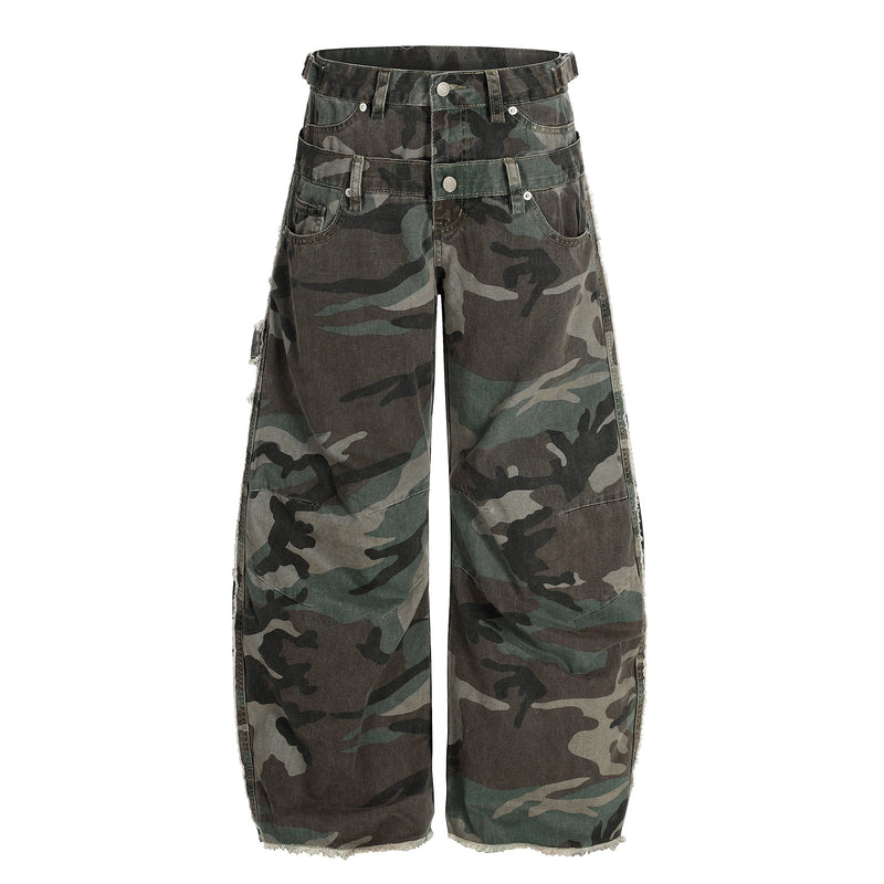 Front view of camo wide-leg jeans with double waistband, belt loops, and raw hems