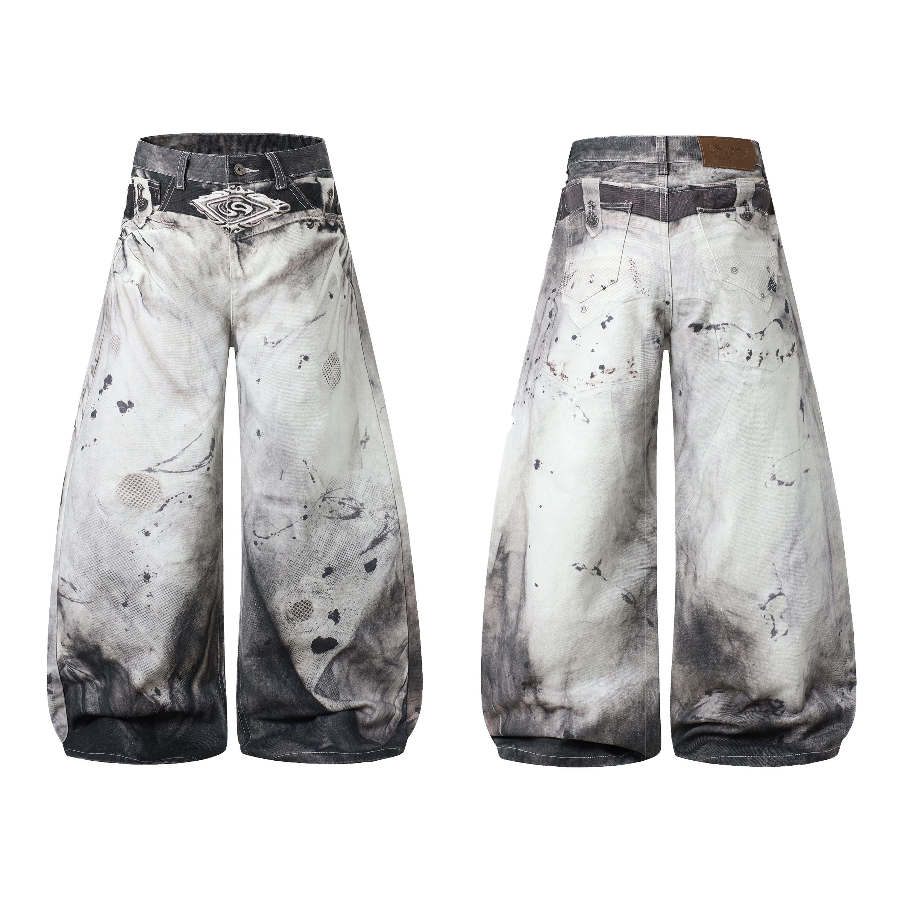 Front and back view of Omirad abstract wash wide-leg jeans in bleached grey with paint splatter detailing and silver waist ha