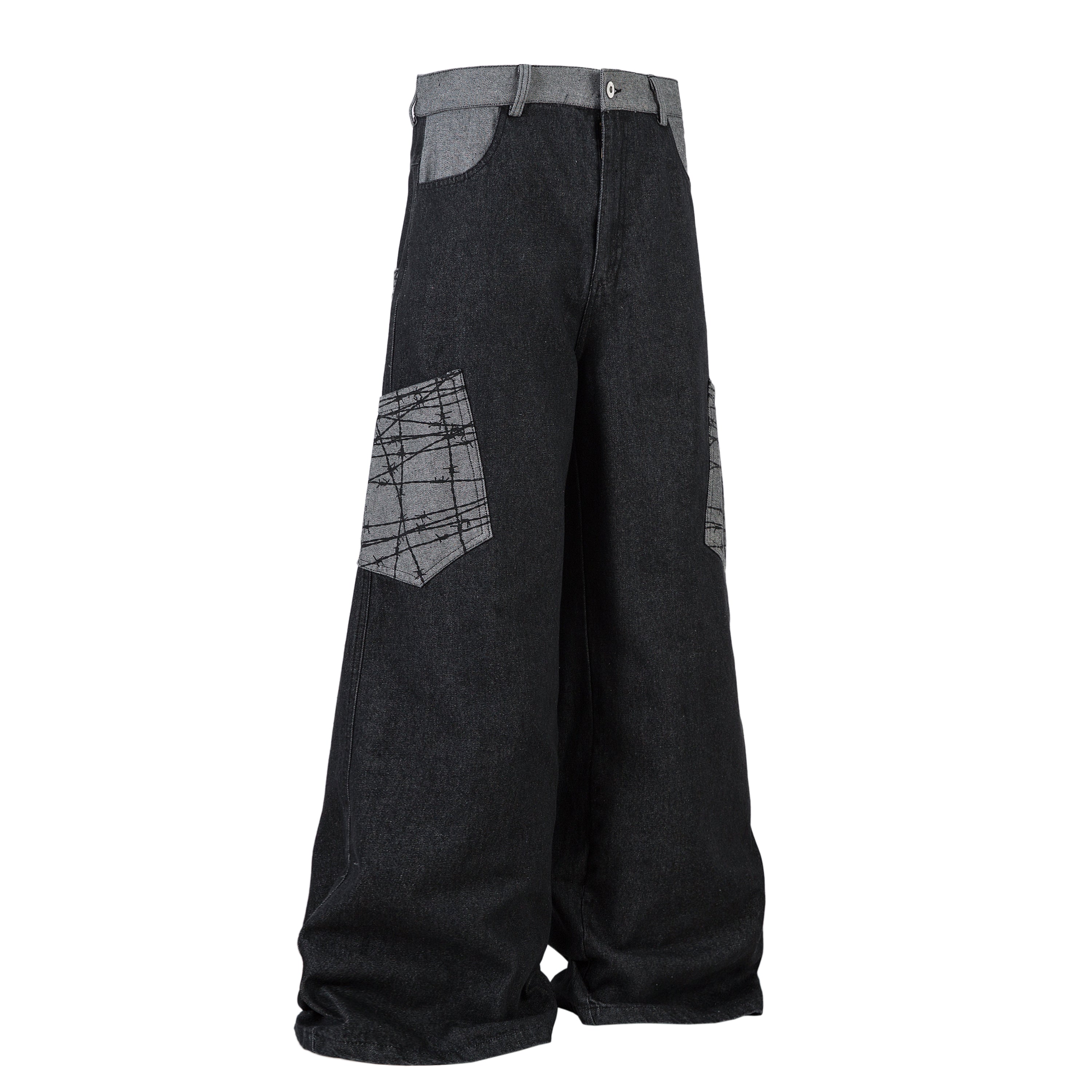 Omirad Contrast Pocket Wide-Leg Jeans | Black Denim