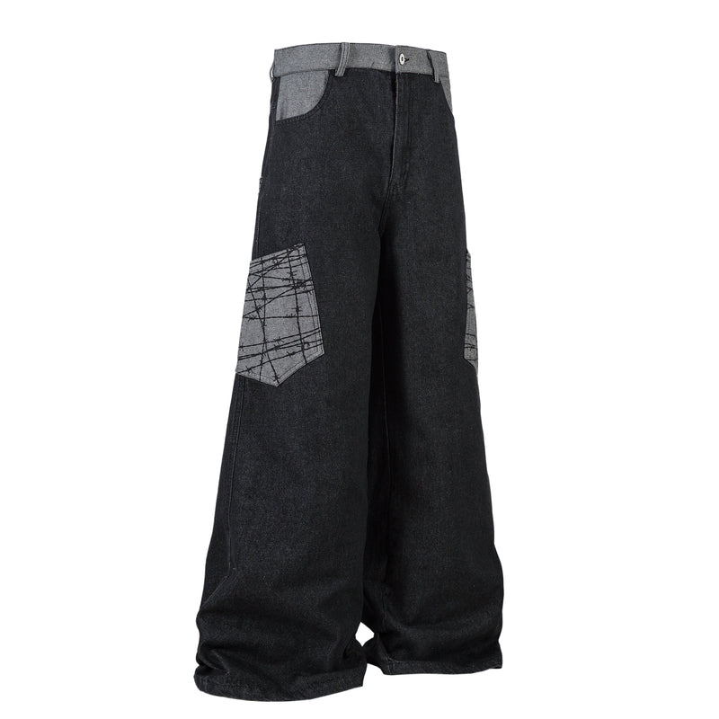 Omirad Contrast Pocket Wide-Leg Jeans | Black Denim
