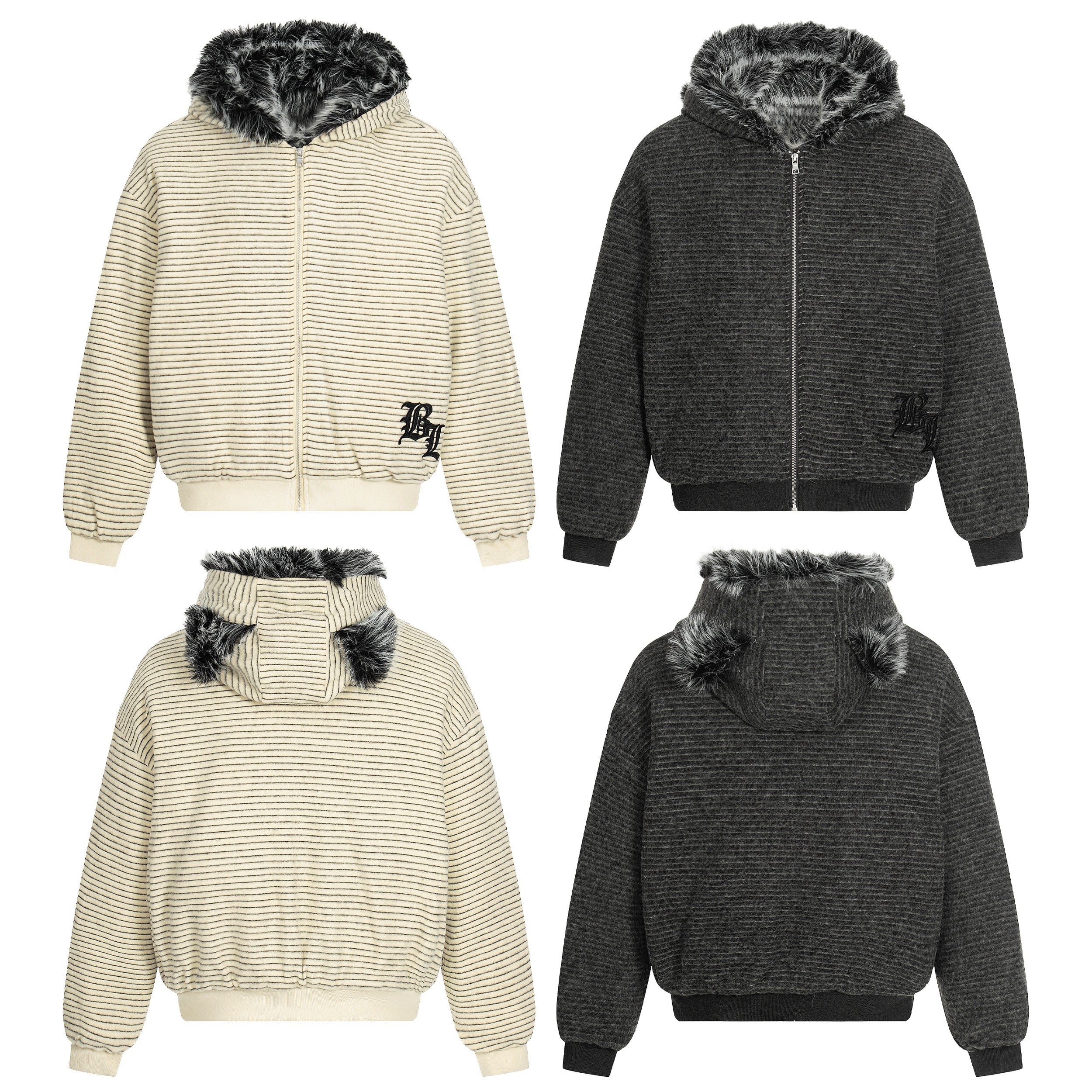 Cream striped zip-up hoodie jacket with black faux-fur lined hood and embroidered BL patch on lower front