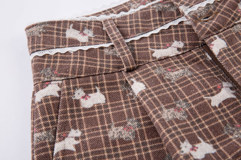 Retro Dog Print Plaid Wide-Leg Pants | Vintage Style