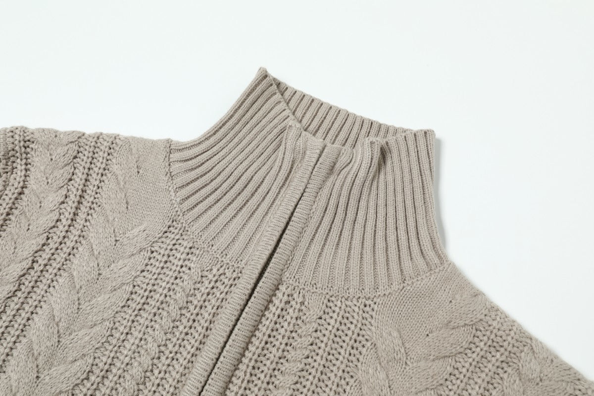 Cable Knit Zip-Up Turtleneck Sweater | Relaxed Fit