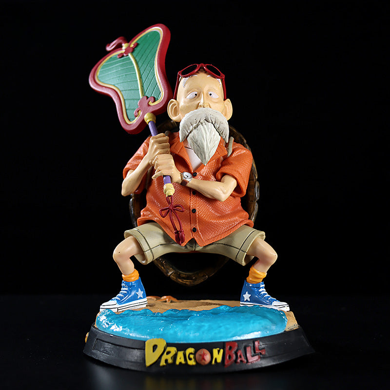 The Seakoff Master Roshi Collectible Figure is an 18cm premium action statue featuring an older man with sunglasses, a long beard, and orange shirt. He holds a large green Banana Fan while squatting on a blue Dragon Ball logo base, wearing beige shorts and blue star-patterned shoes. Ideal for collectors!.