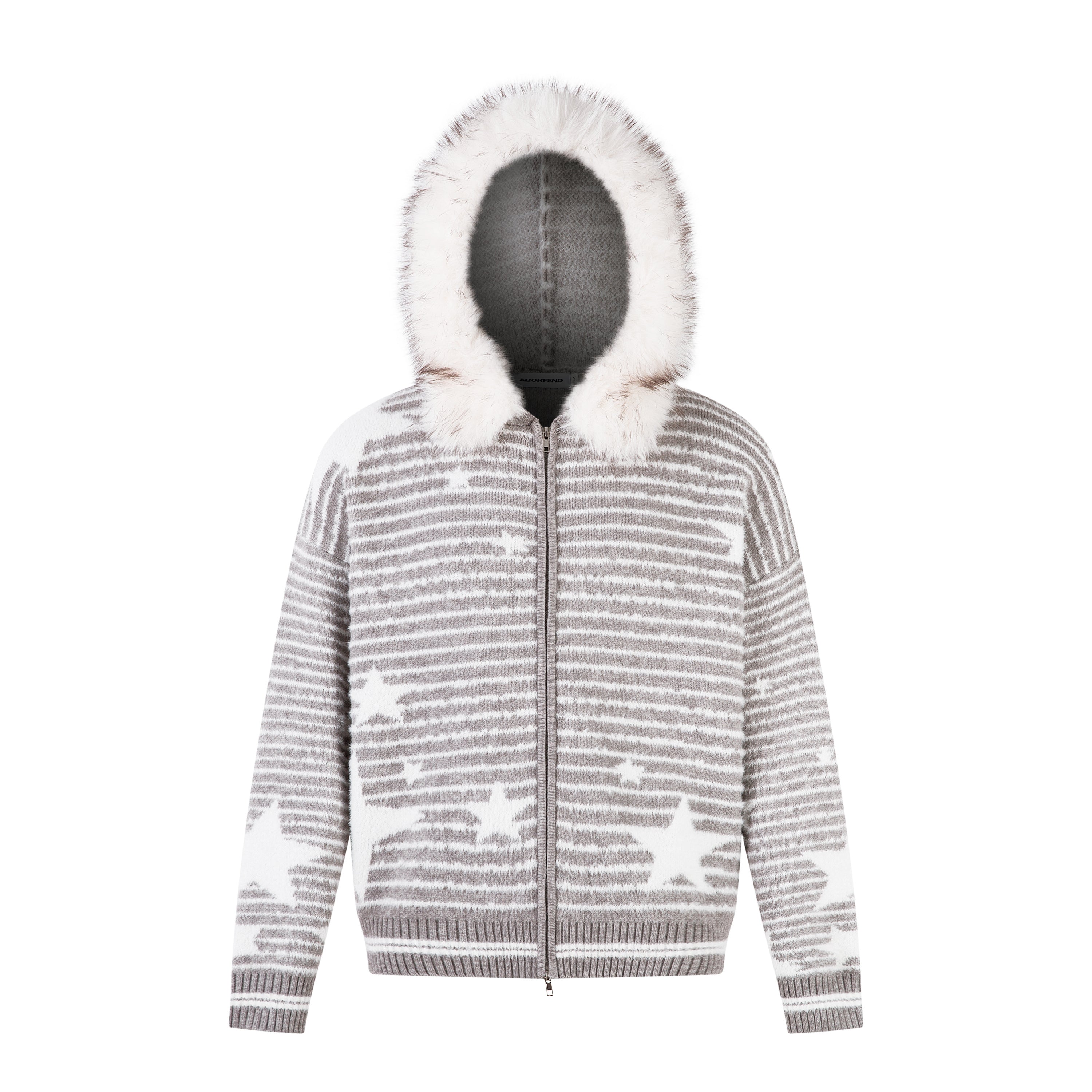 Star Knit Faux Fur Trim Hooded Zip Jacket | SEAKOFF