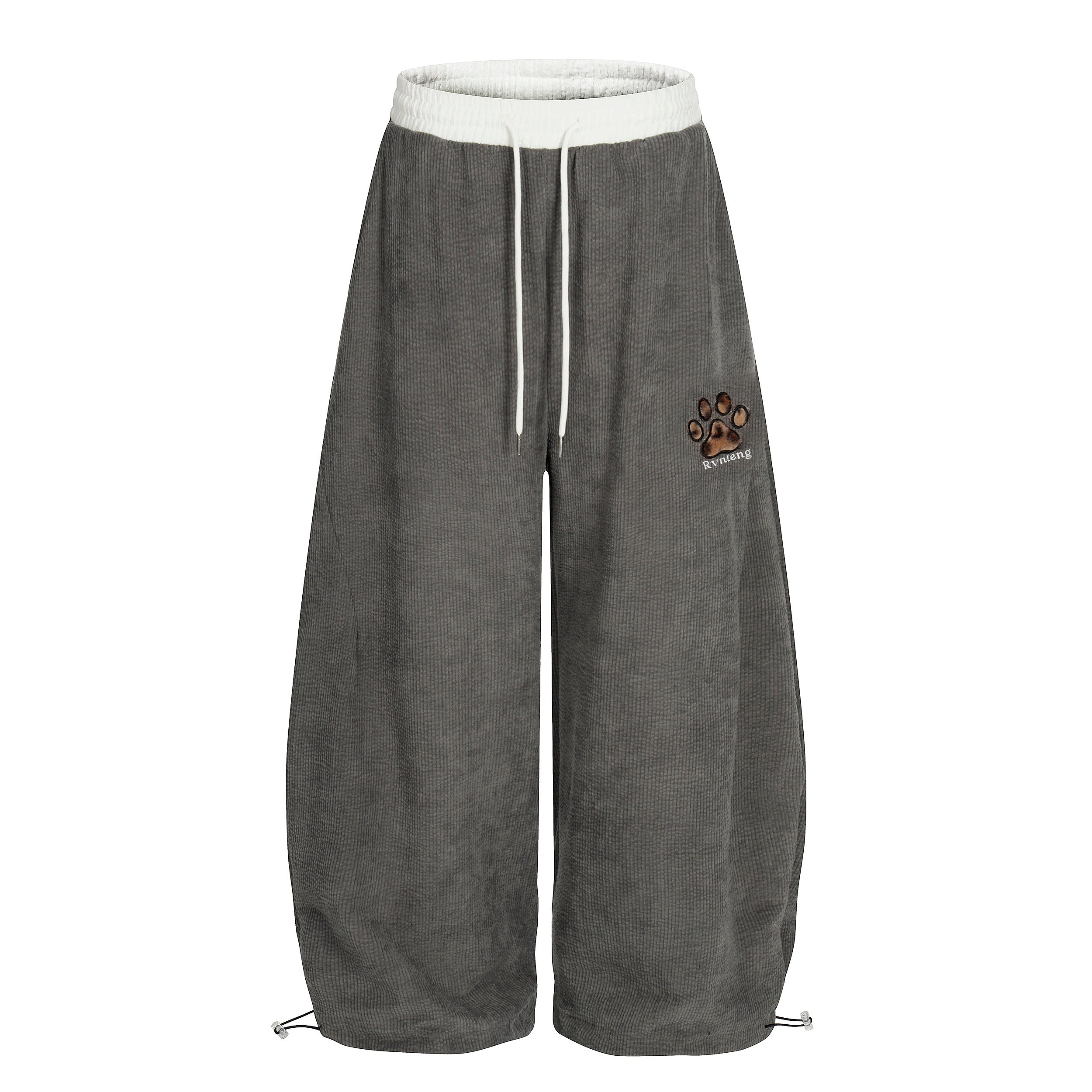 Corduroy Paw Embroidered Barrel-Leg Pants | Streetwear