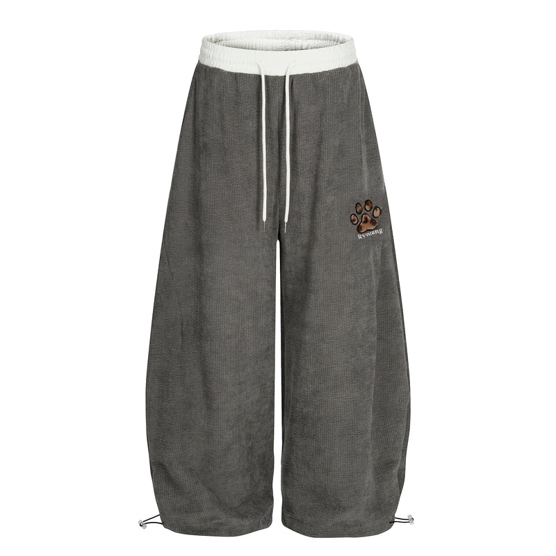Corduroy Paw Embroidered Barrel-Leg Pants | Streetwear