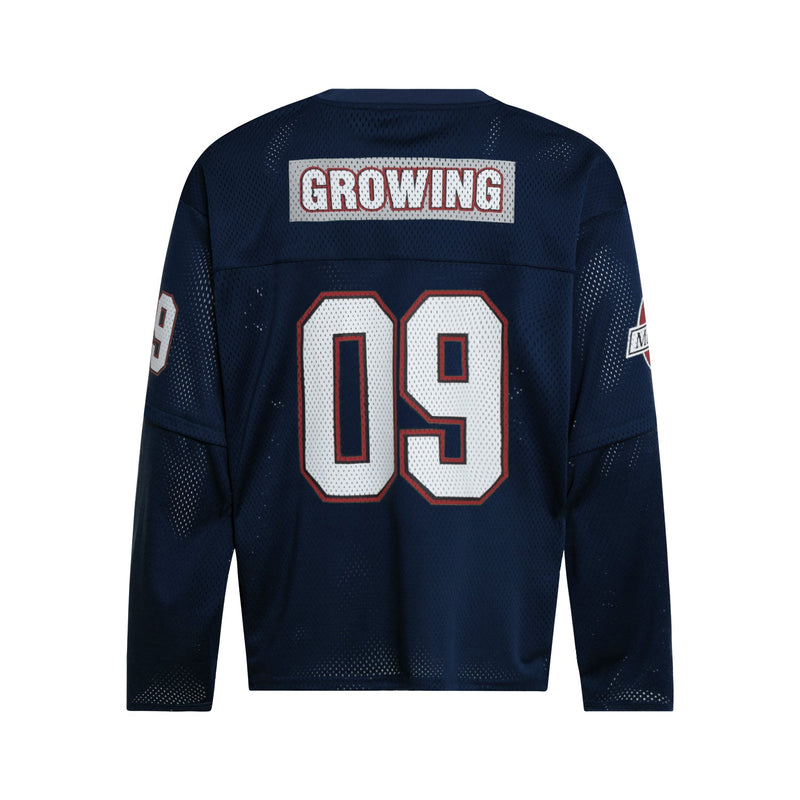 Navy mesh hockey jersey back with white 09 and GROWING patch