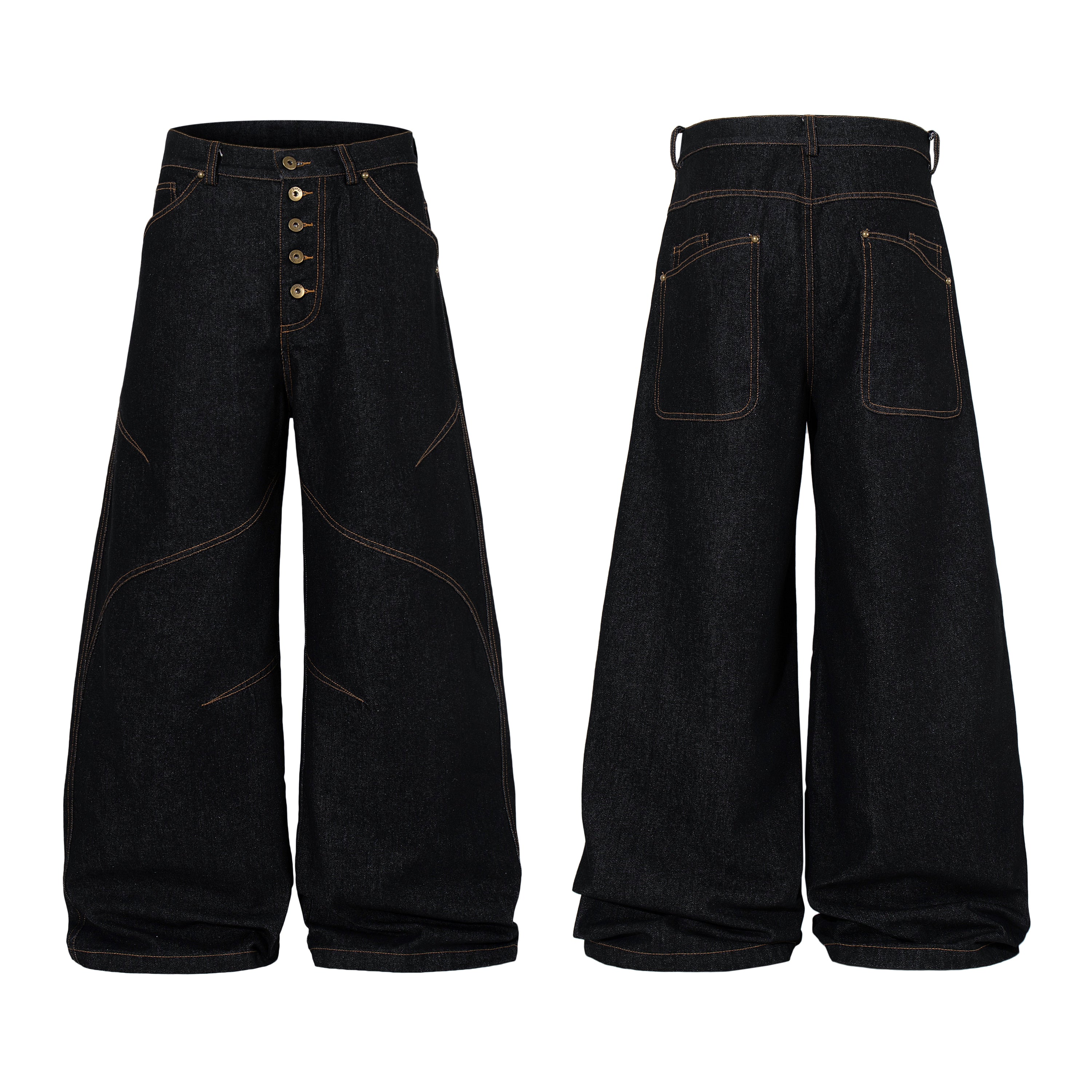 Front and back view of black wide leg denim pants with curved orange contrast panel stitching and button fly closure