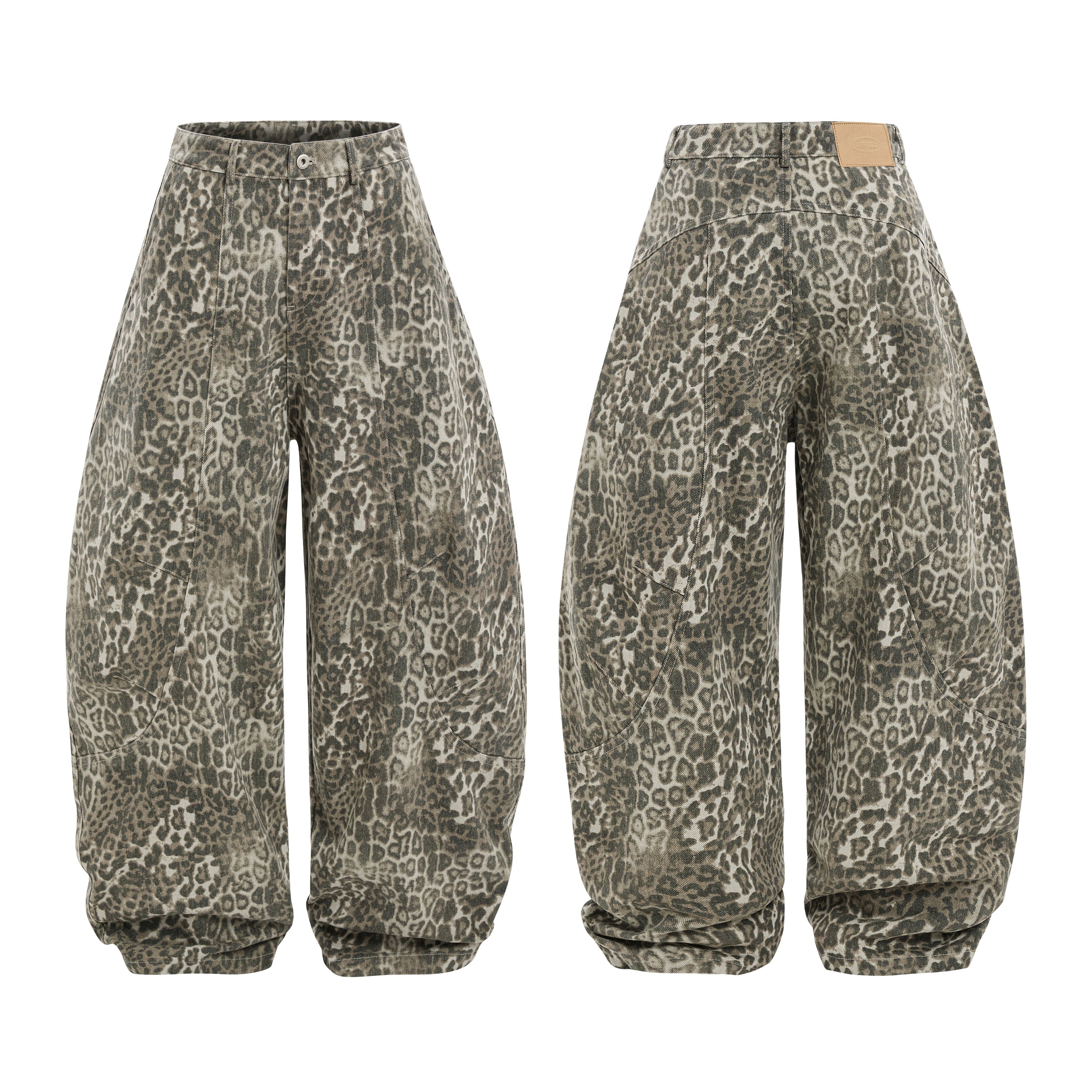 Front and back view of wide-leg leopard print barrel pants in muted olive grey with stacked cuff hem