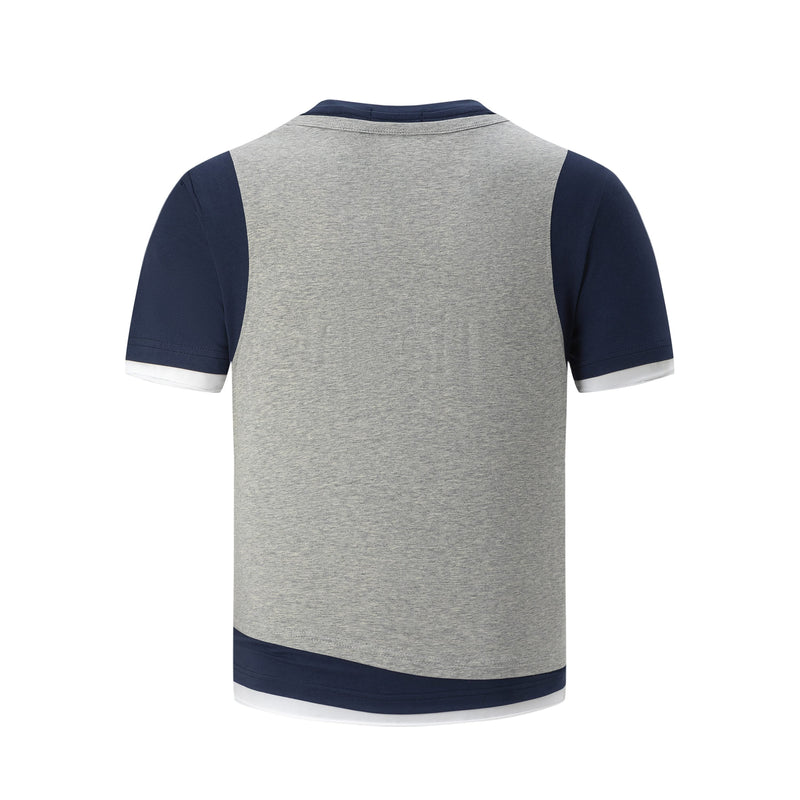 Gray and navy colorblock raglan T-shirt with contrast sleeves and layered hem detail, shown from the back