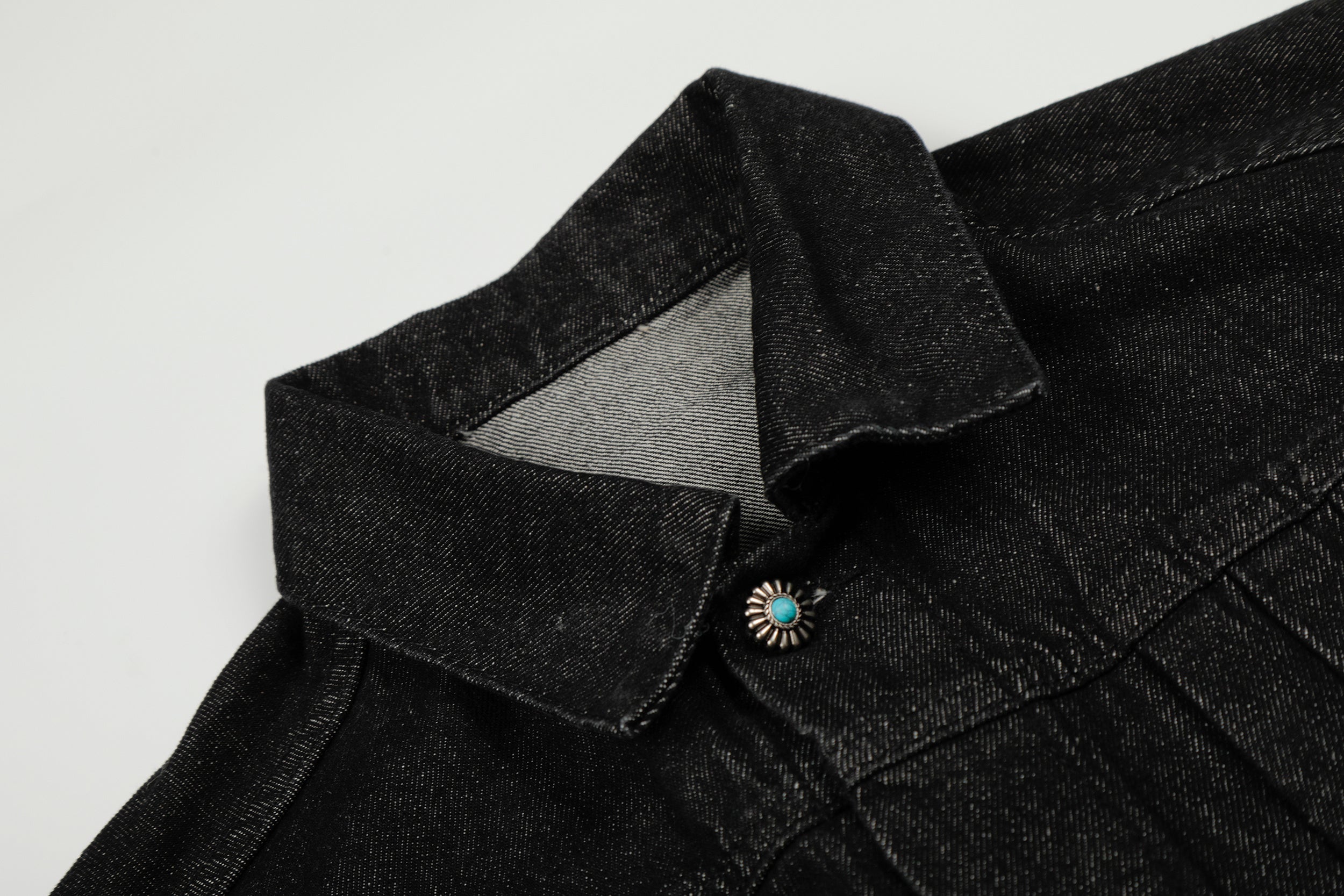Metal Buckle Pleated Black Denim Jacket | Cropped Boxy Fit
