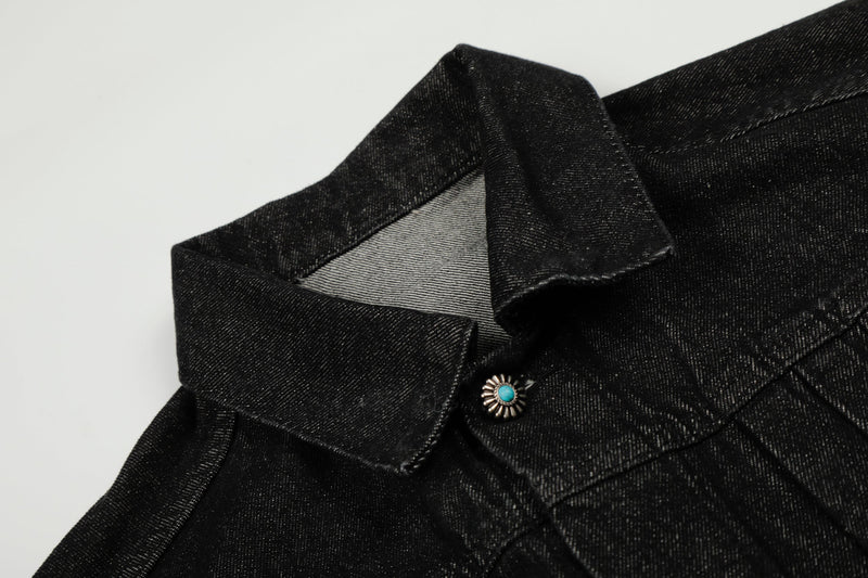 Metal Buckle Pleated Black Denim Jacket | Cropped Boxy Fit