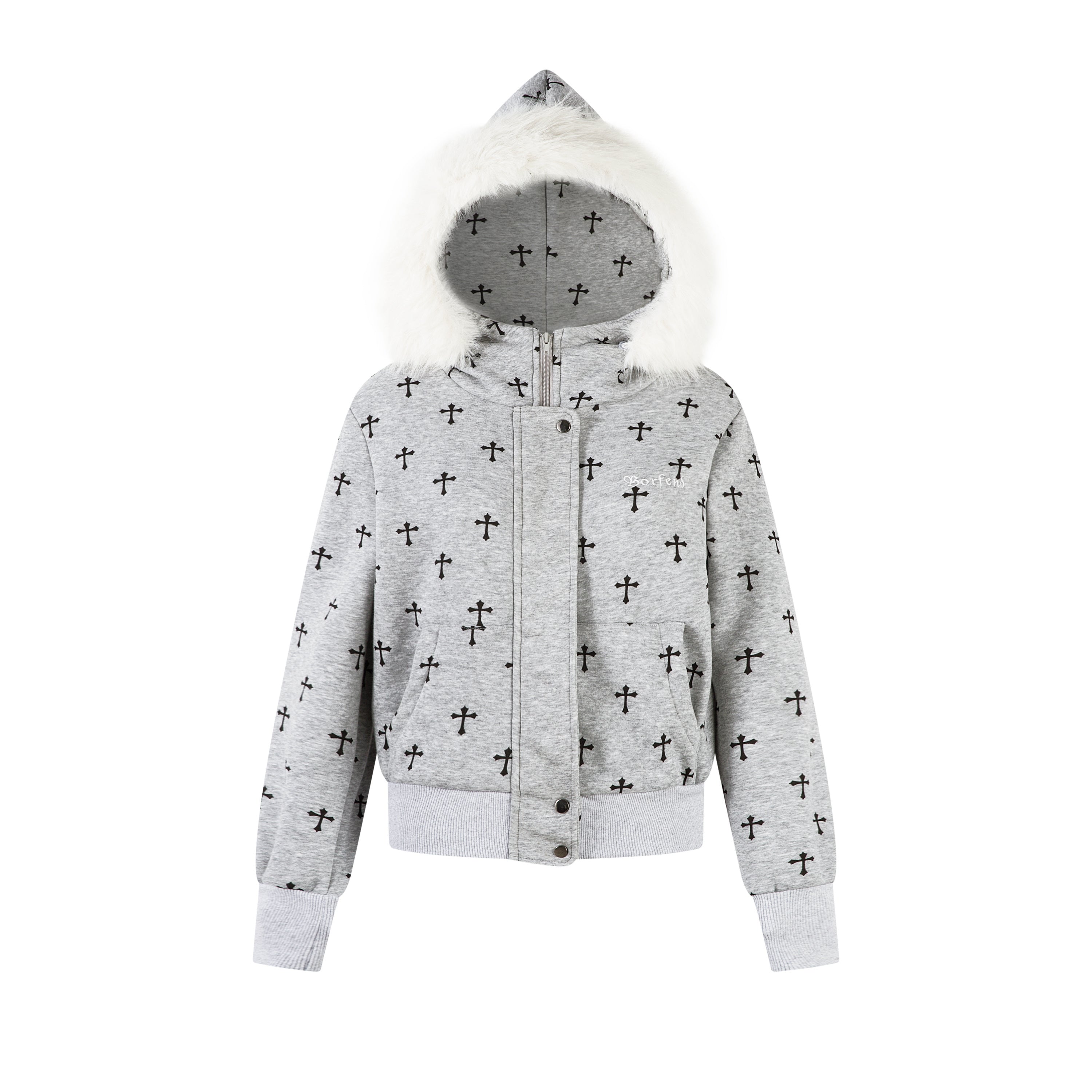 Gothic Cross Print Faux Fur Hooded Bomber Jacket