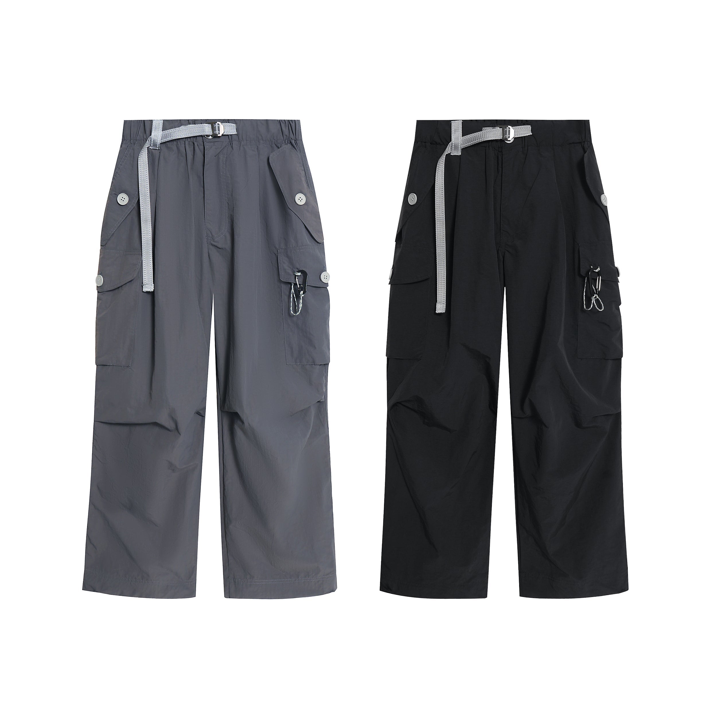 Omirad tactical nylon cargo pants in charcoal grey and black with webbing belt, button pockets, and carabiner hardware detail