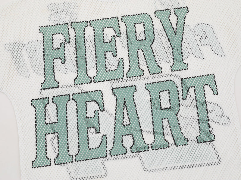 White mesh jersey tee with large mint-green Fiery Heart varsity graphic and black outlined lettering