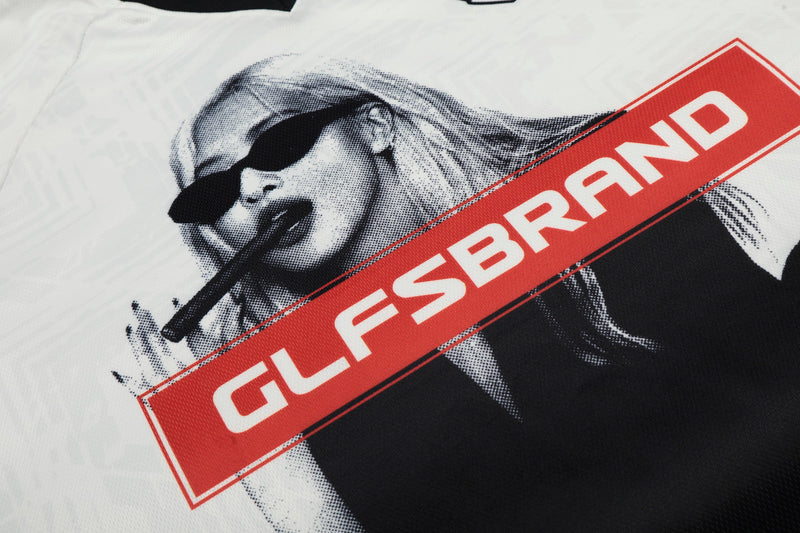 White mesh soccer jersey with a black-and-white graphic woman print and bold red GLFSBRAND logo tag