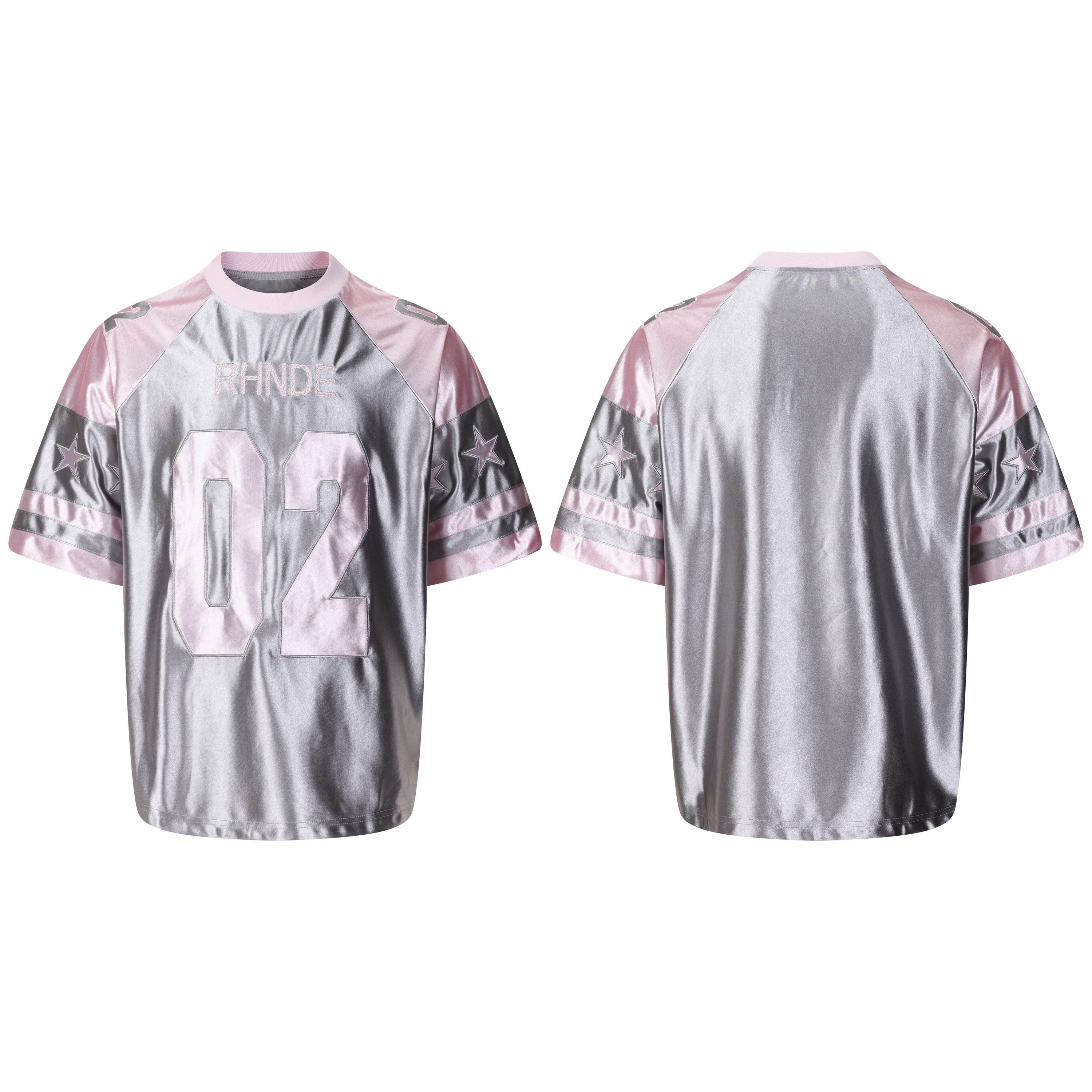 RHNDE Omirad Metallic Varsity Jersey Tee in silver and pink with oversized 02 applique, front and back view