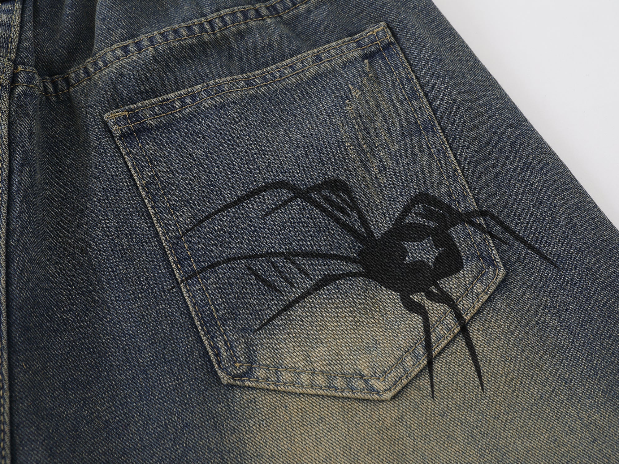 Spider Web Graphic Wide-Leg Denim Shorts | Streetwear