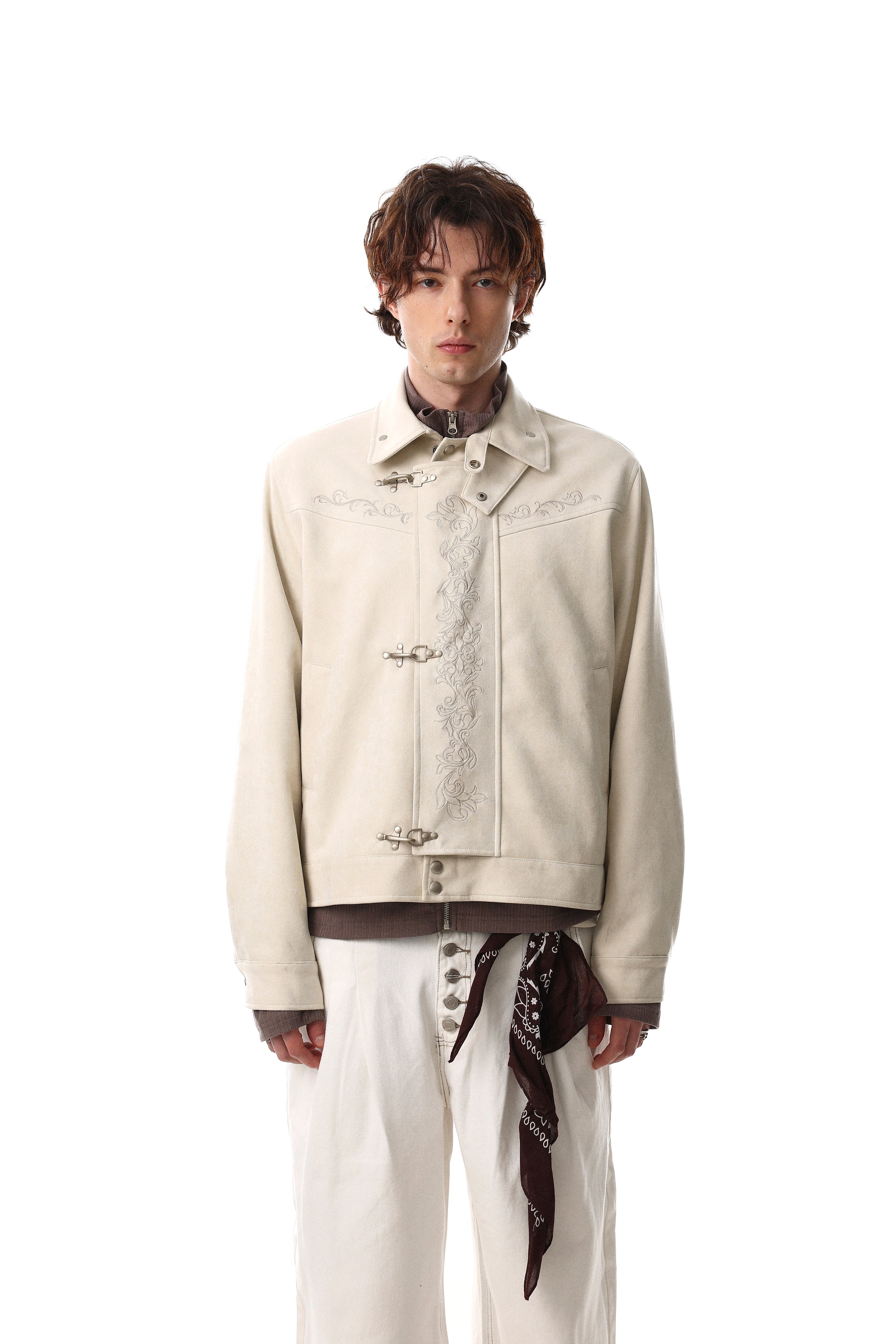 Toggle-Closure Embroidered Stand-Collar Cotton Jacket