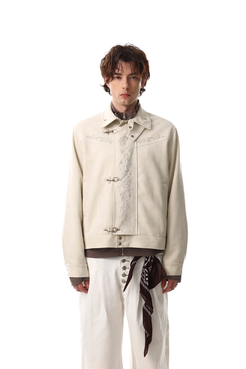Toggle-Closure Embroidered Stand-Collar Cotton Jacket