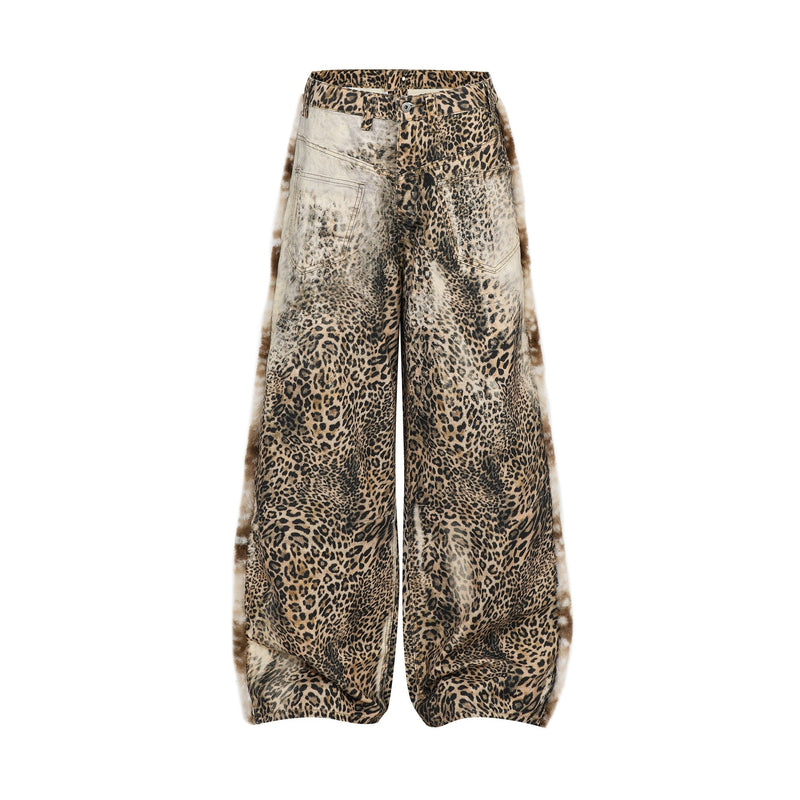 Front view of leopard print wide-leg jeans with fur-trim side panels