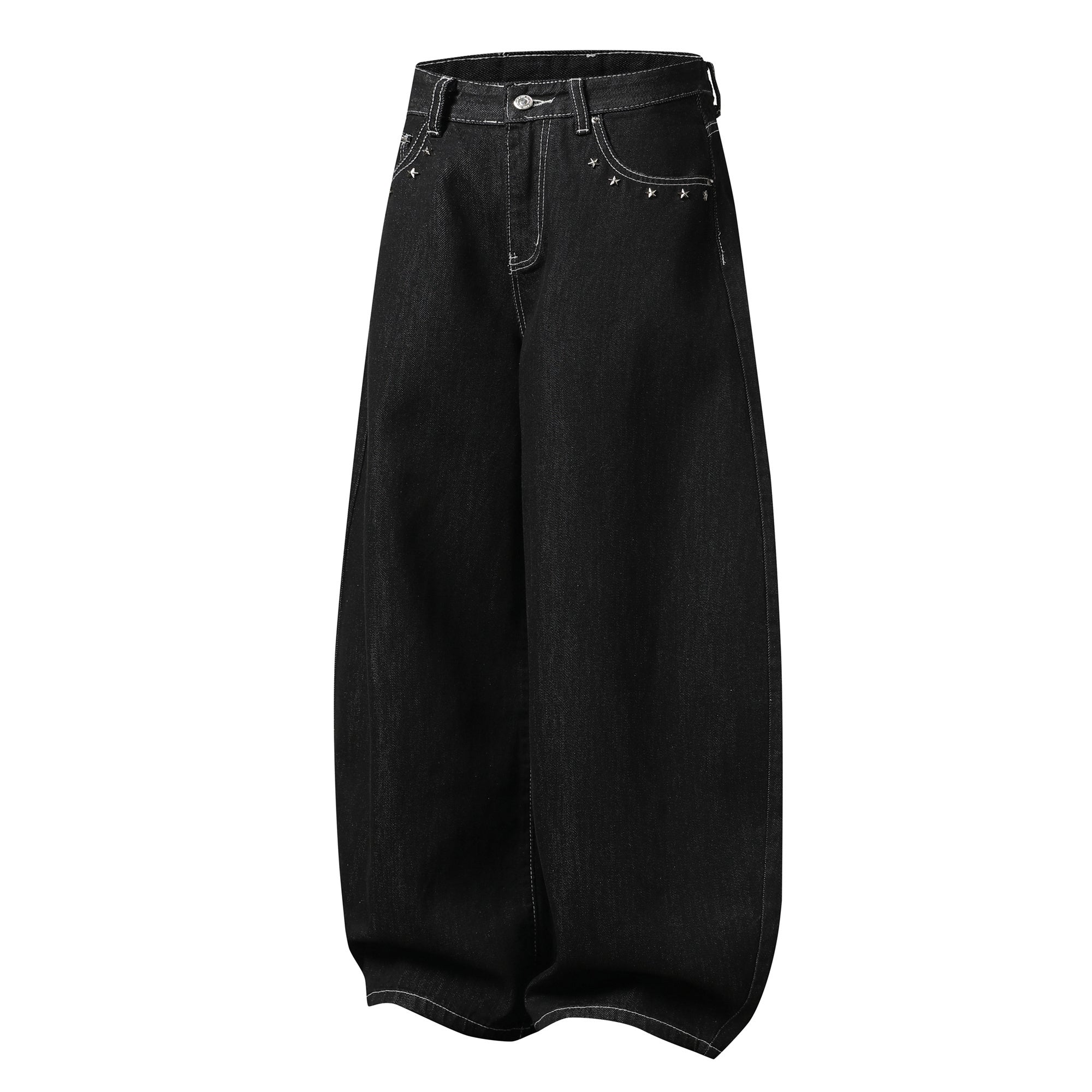 Angel Wing Wide-Leg Black Denim Jeans | Streetwear Barrel Fit