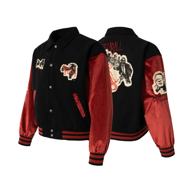 Retro Punk Varsity Jacket | Black & Red Graphic Bomber