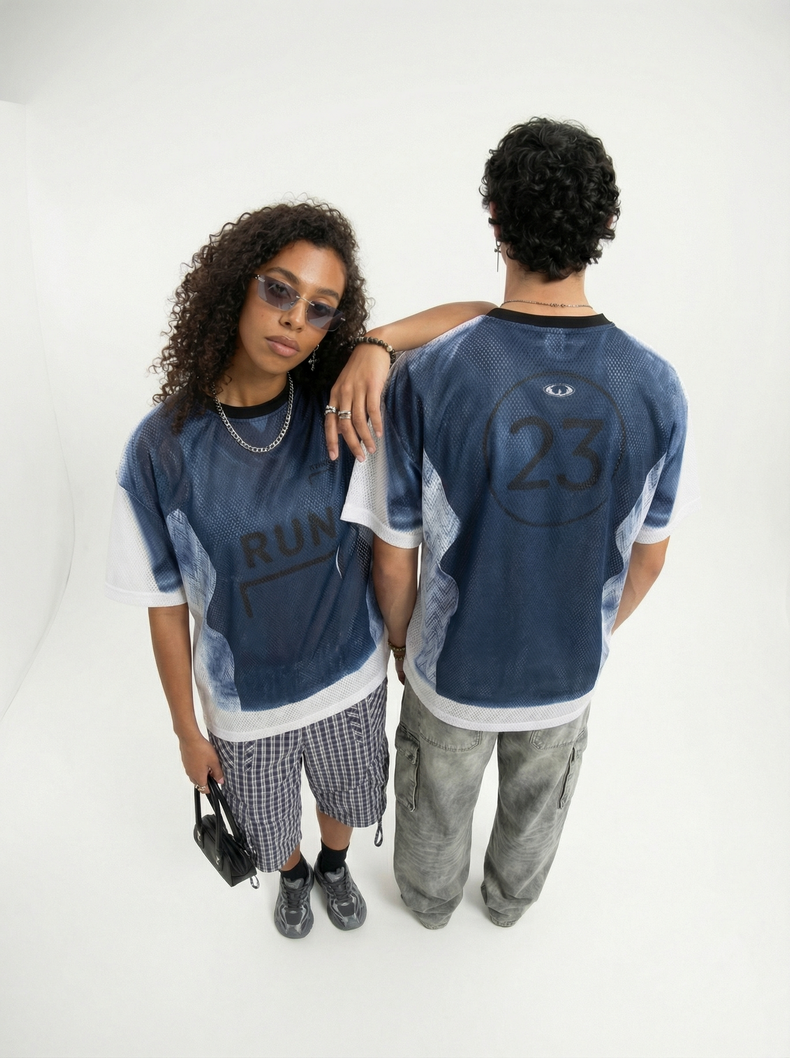 Models wearing blue Seakoff Run graphic mesh jerseys, streetwear athletic tees with oversized fit and sporty print