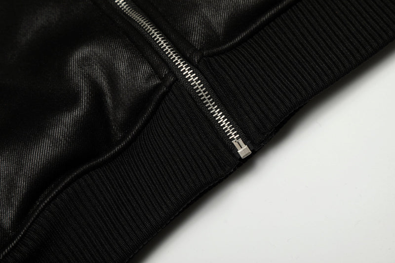 Omirad Badge PU Leather Hooded Varsity Jacket