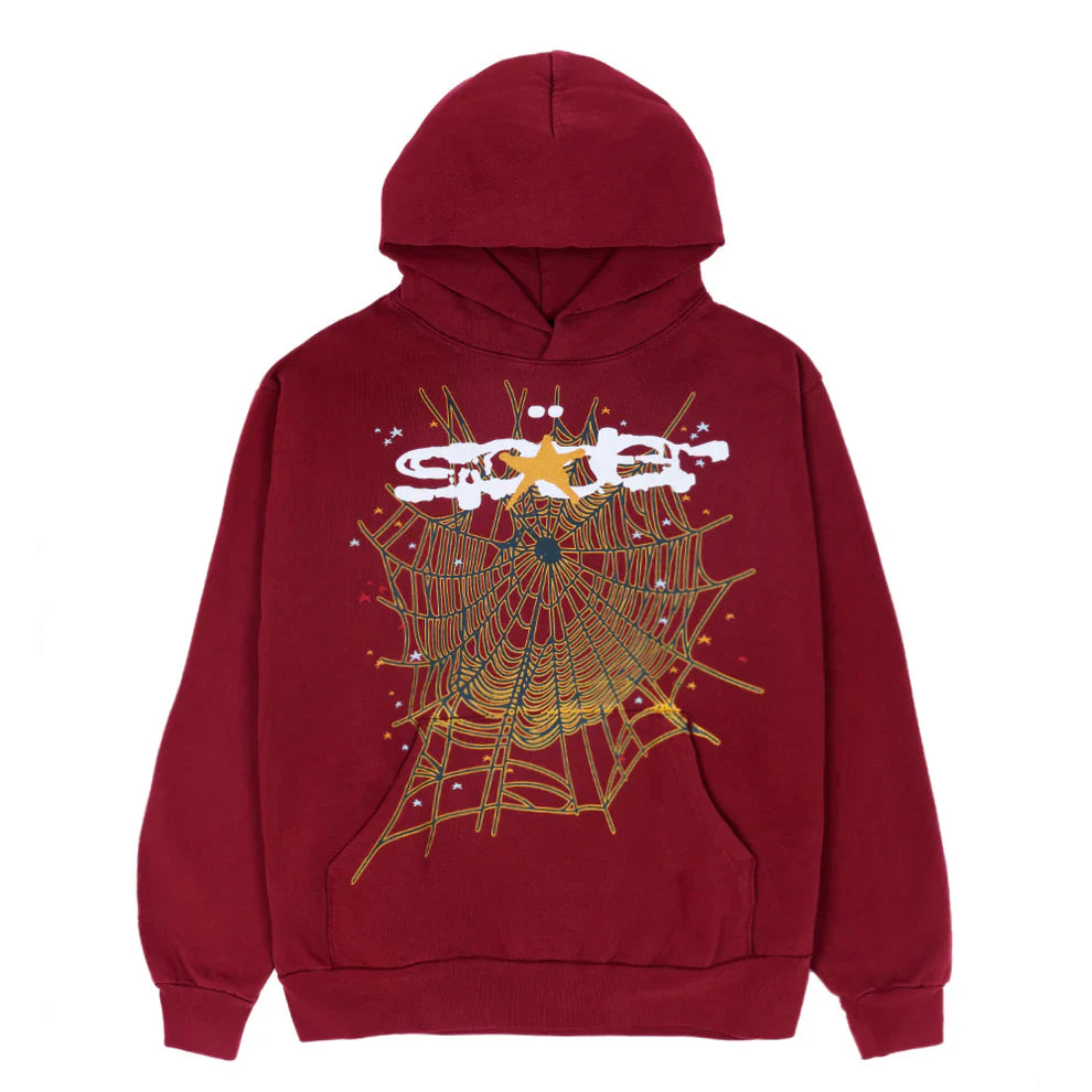 The Burgundy Graphic Hoodie with Spider Web Print is a 440GSM heavyweight comfort fit pullover featuring a large golden spider web and stylized white and gold graphic printed on the front.