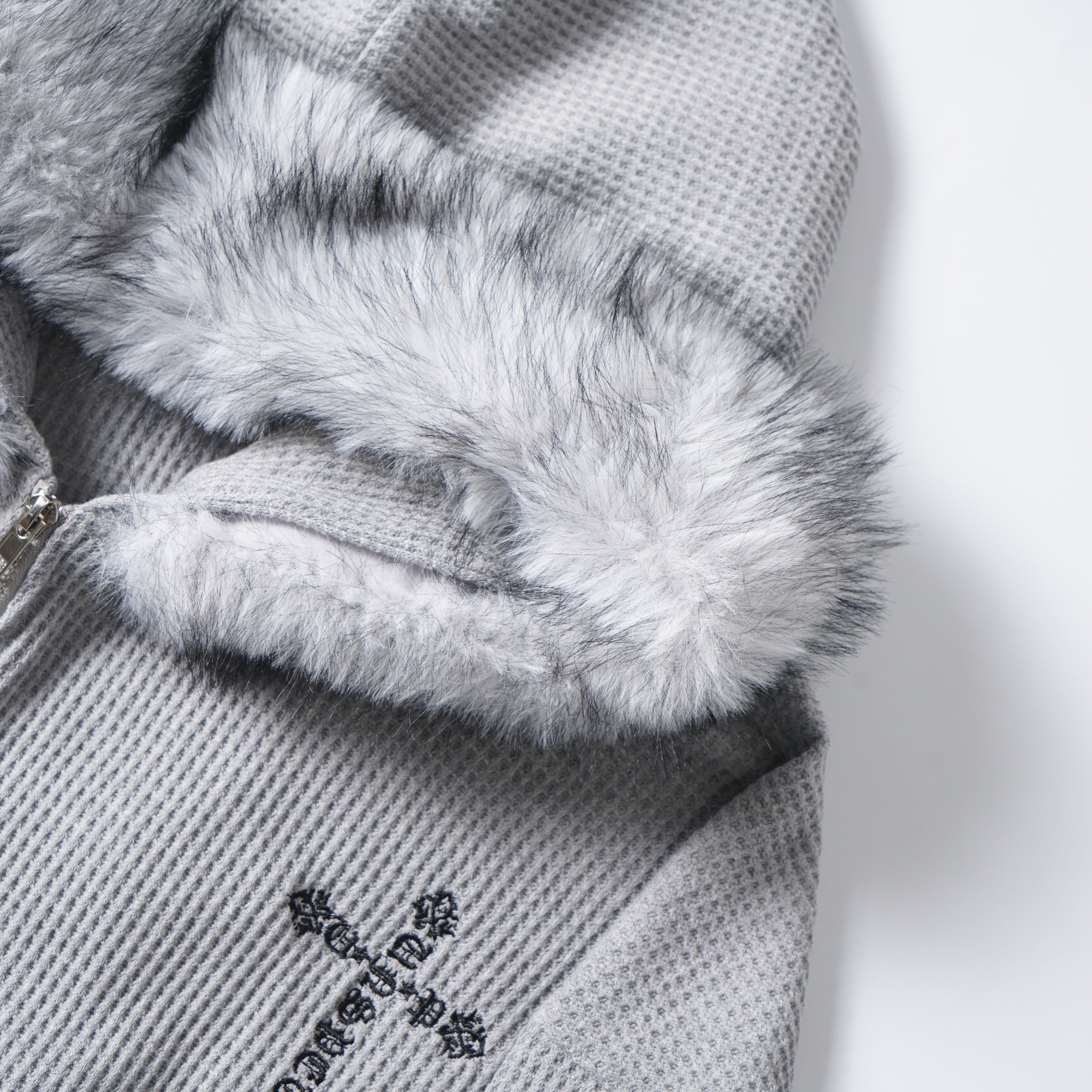 Omirad Faux Fur Trim Zip-Up Hoodie | Waffle Knit Streetwear