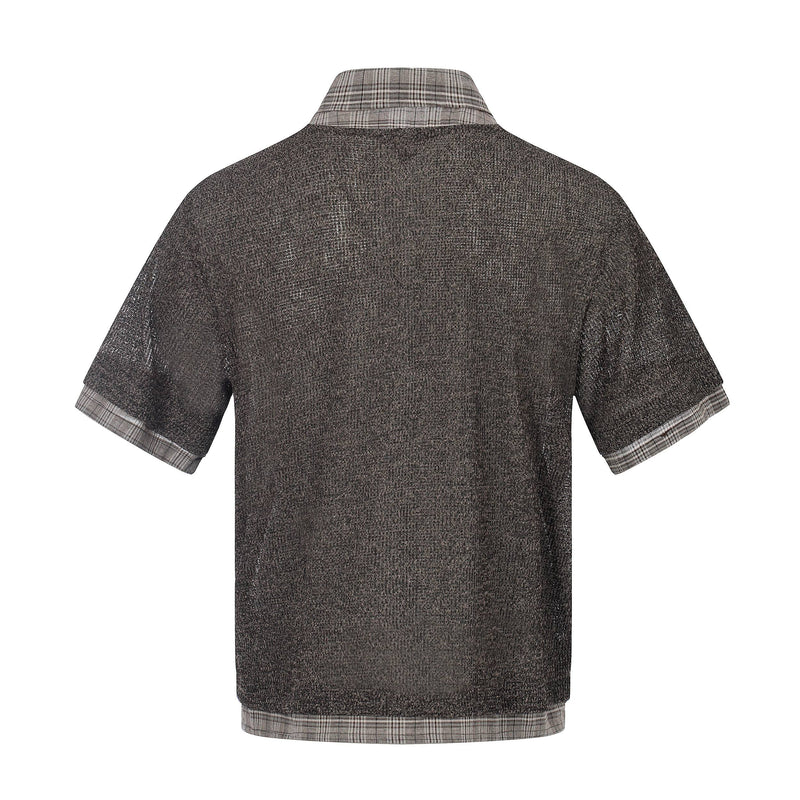 Dark textured knit shirt with plaid collar, sleeve cuffs and hem, shown from the back on a white background