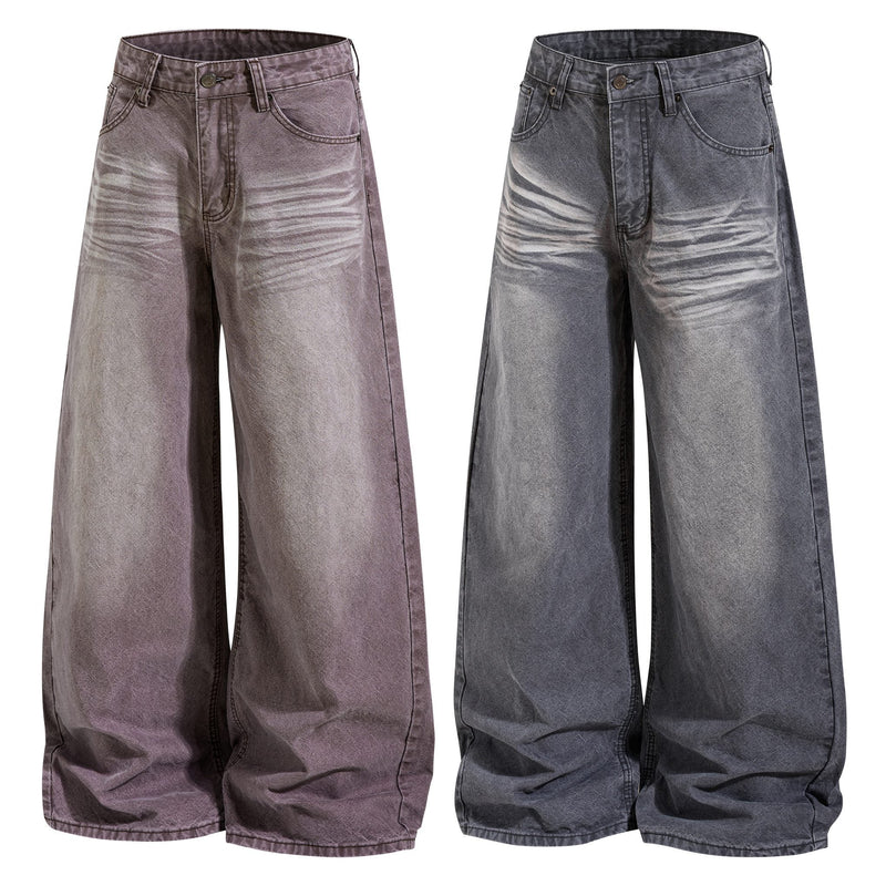 Wide-leg faded denim pants in brown and charcoal, front view with two colorways