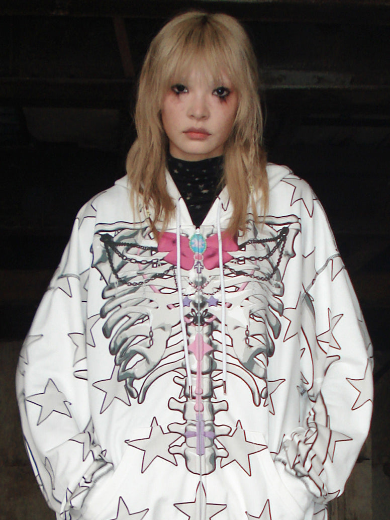 Gothic Skeleton Star Hoodie – Full-Zip Hoodie with Skeleton Print and Star Pattern