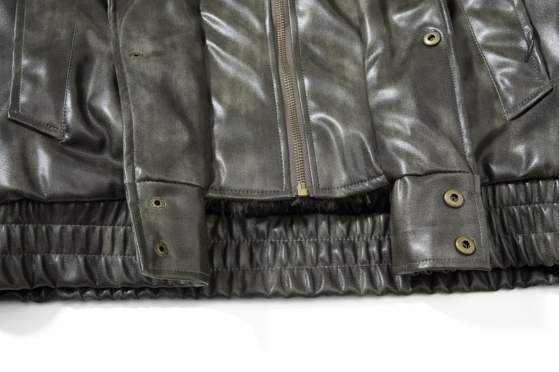 Omirad Faux Leather Bomber Jacket with Faux Fur Collar