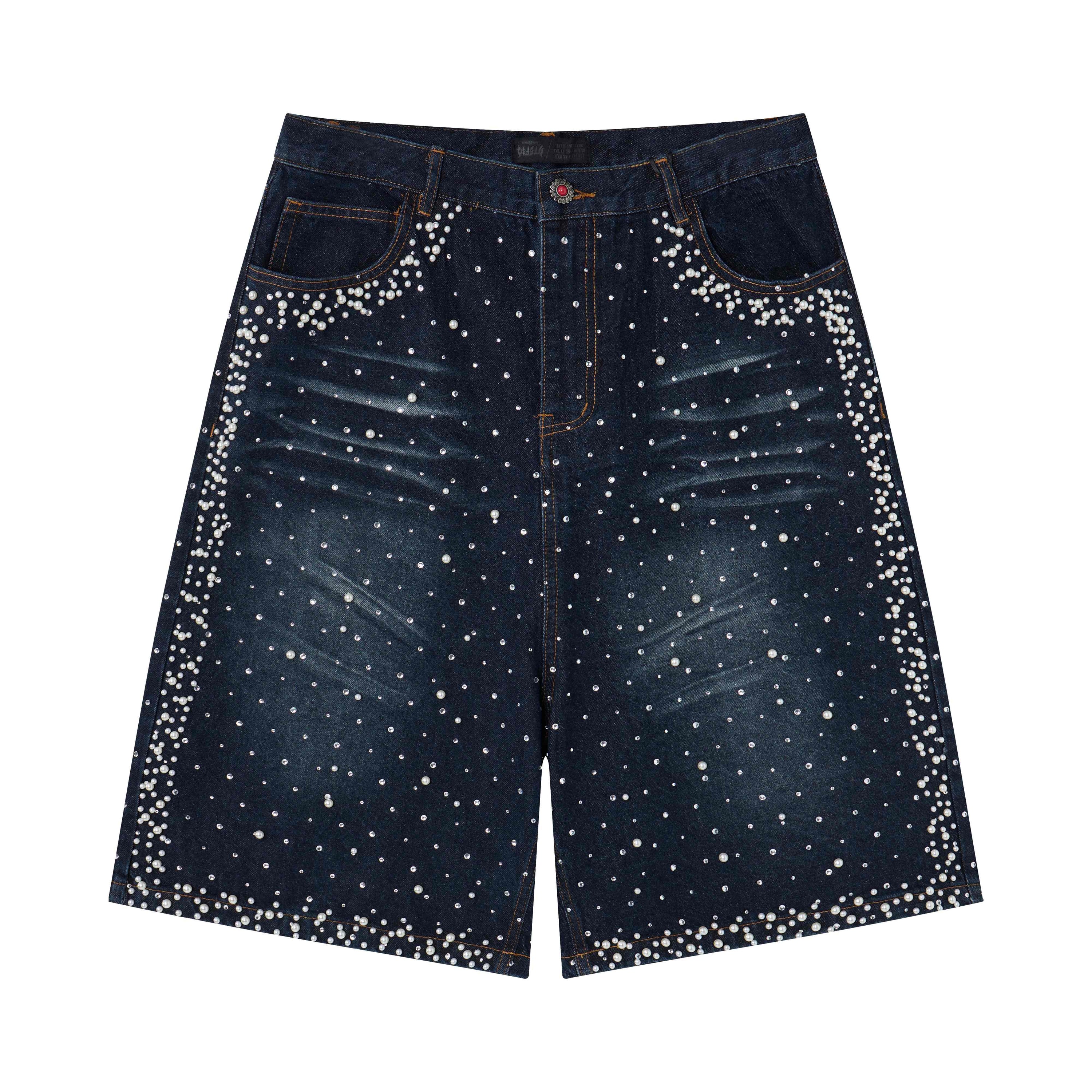 Omirad Pearl Studded Black Denim Shorts | Streetwear