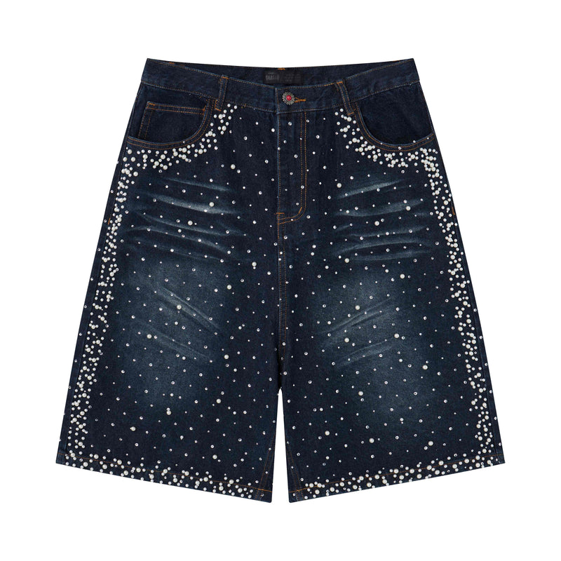 Black denim shorts with pearl studs, front view
