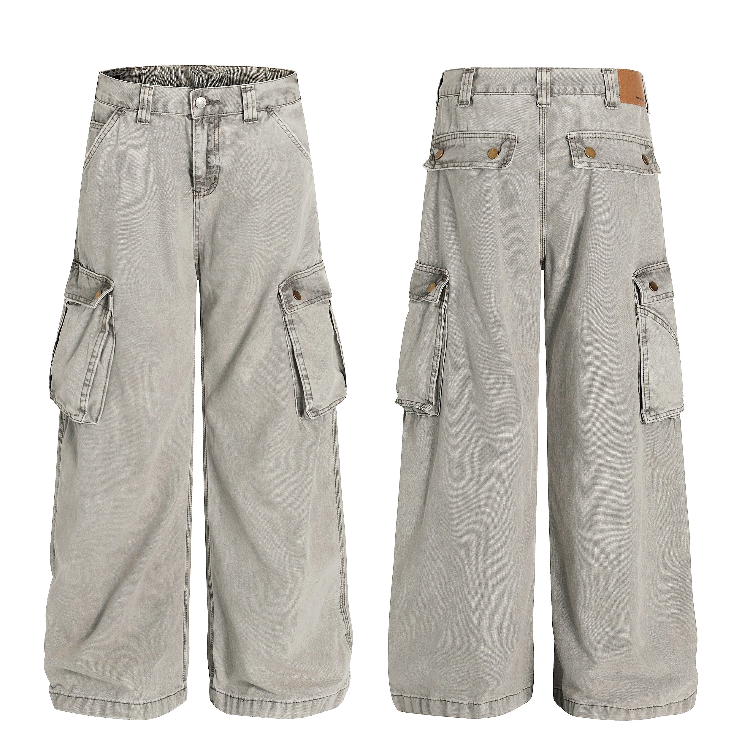 Front and back view of stone-grey vintage washed wide-leg cargo pants with dual snap-button flap pockets