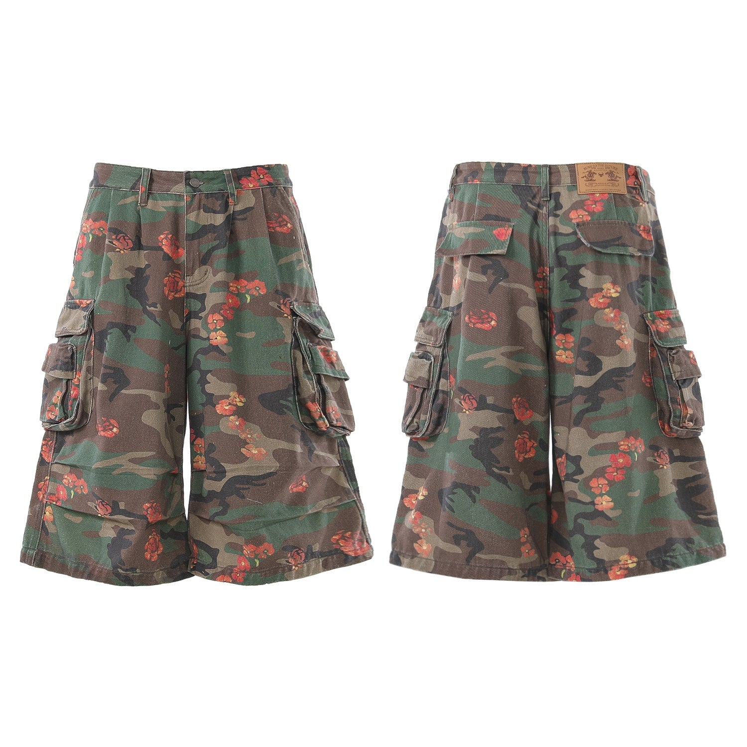 Front and back view of Omirad floral camo cargo shorts in green woodland camo with red floral print and multi-pocket design