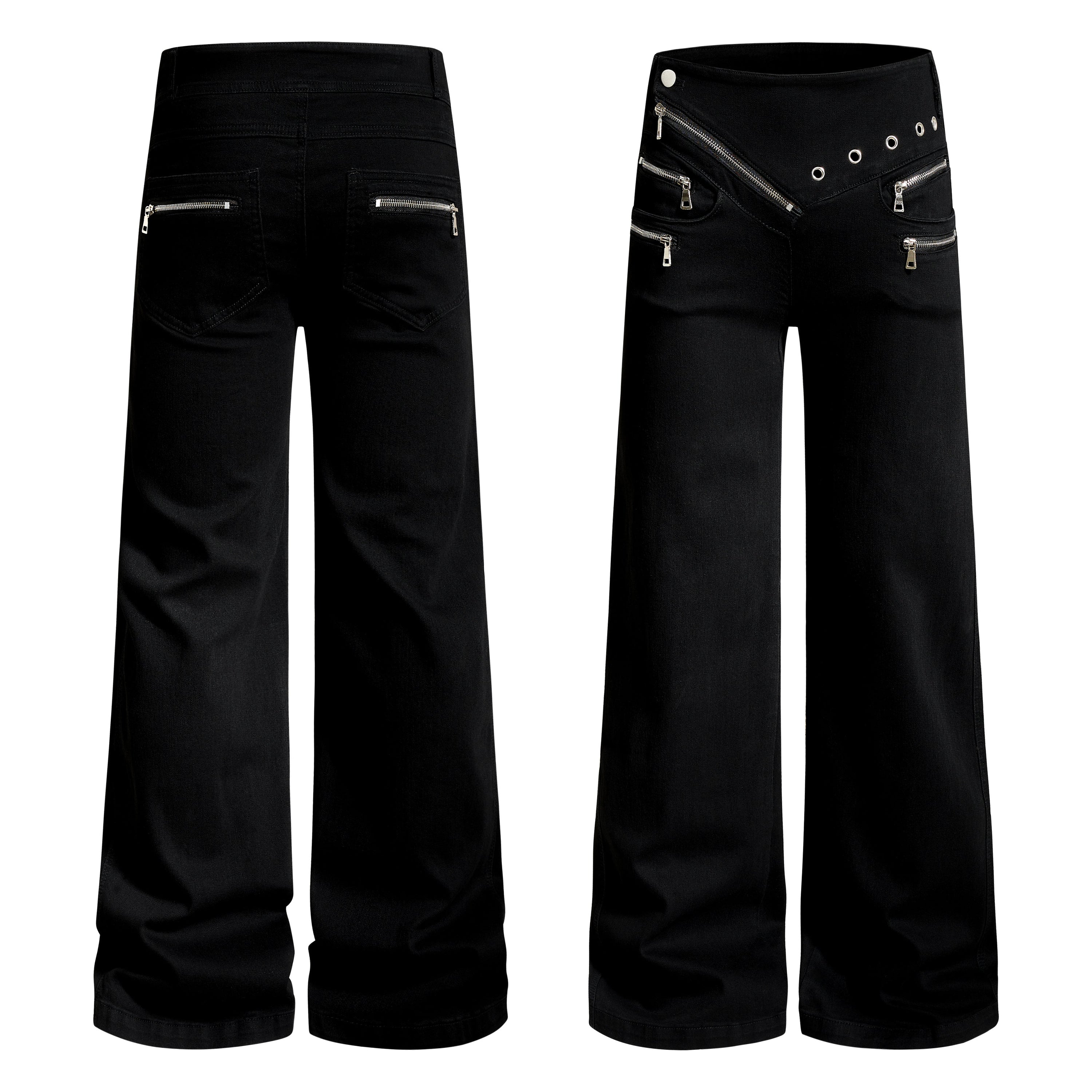 Black wide-leg flared pants with asymmetrical zipper waistband, metal eyelets, and multiple zip pockets, front and back view
