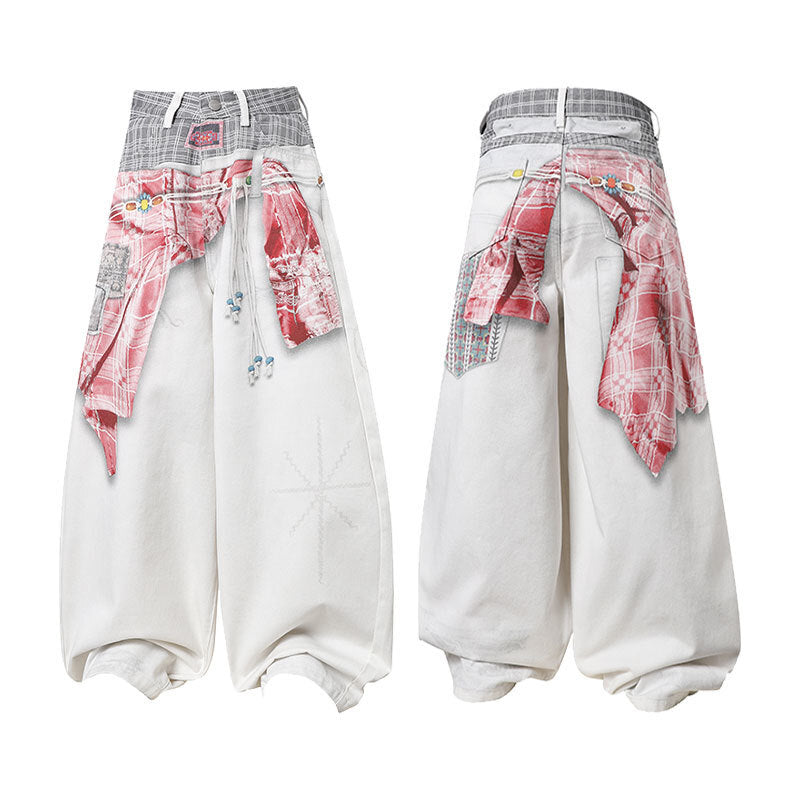 Omirad patchwork double-waist wide-leg denim pants in off-white with red plaid flannel waist accent, front and back view
