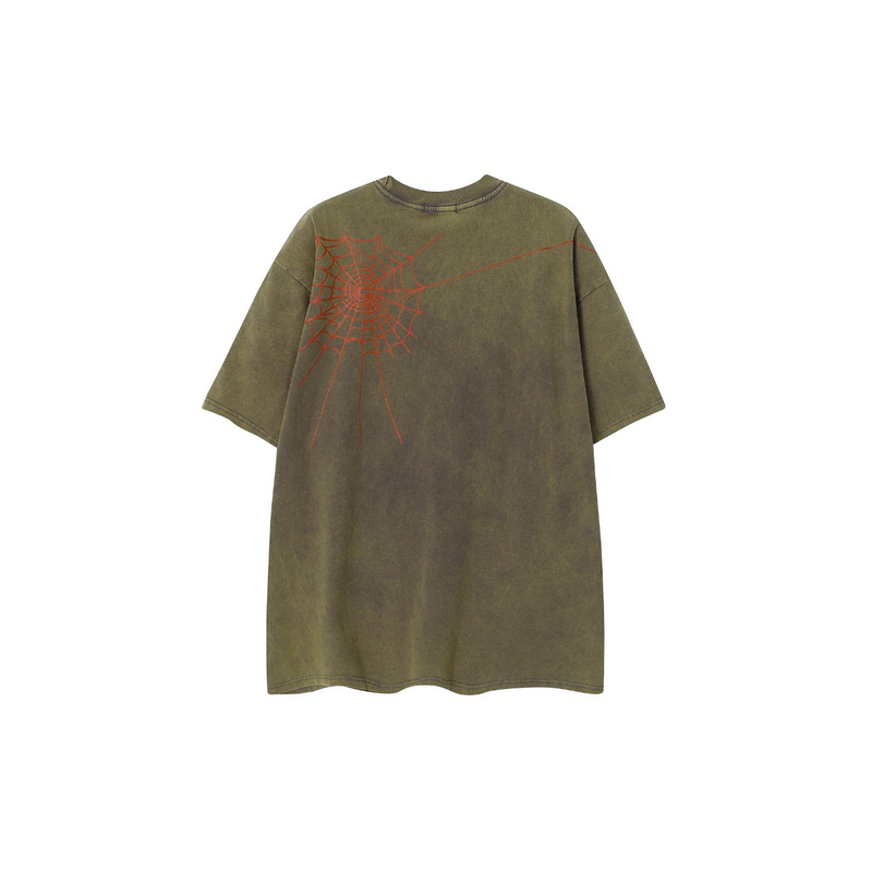 Oversized olive green graphic tee with red spiderweb print on the back, casual streetwear style